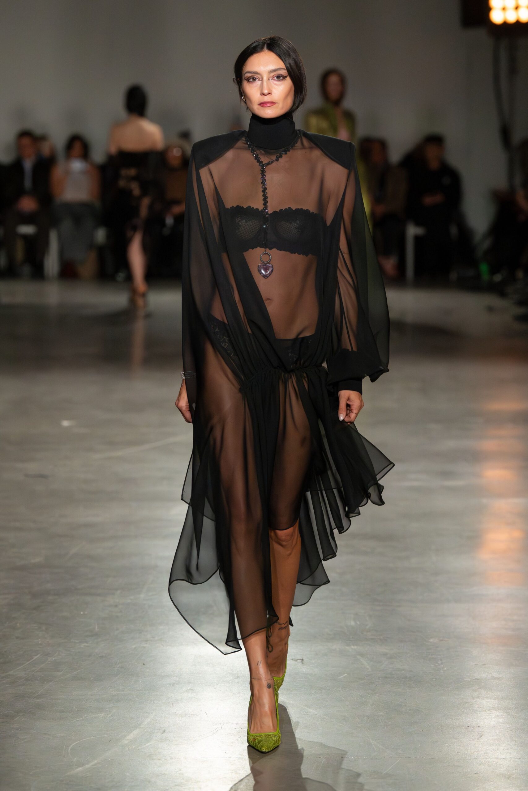 black chiffon long-sleeve high-neck fitted draped dress