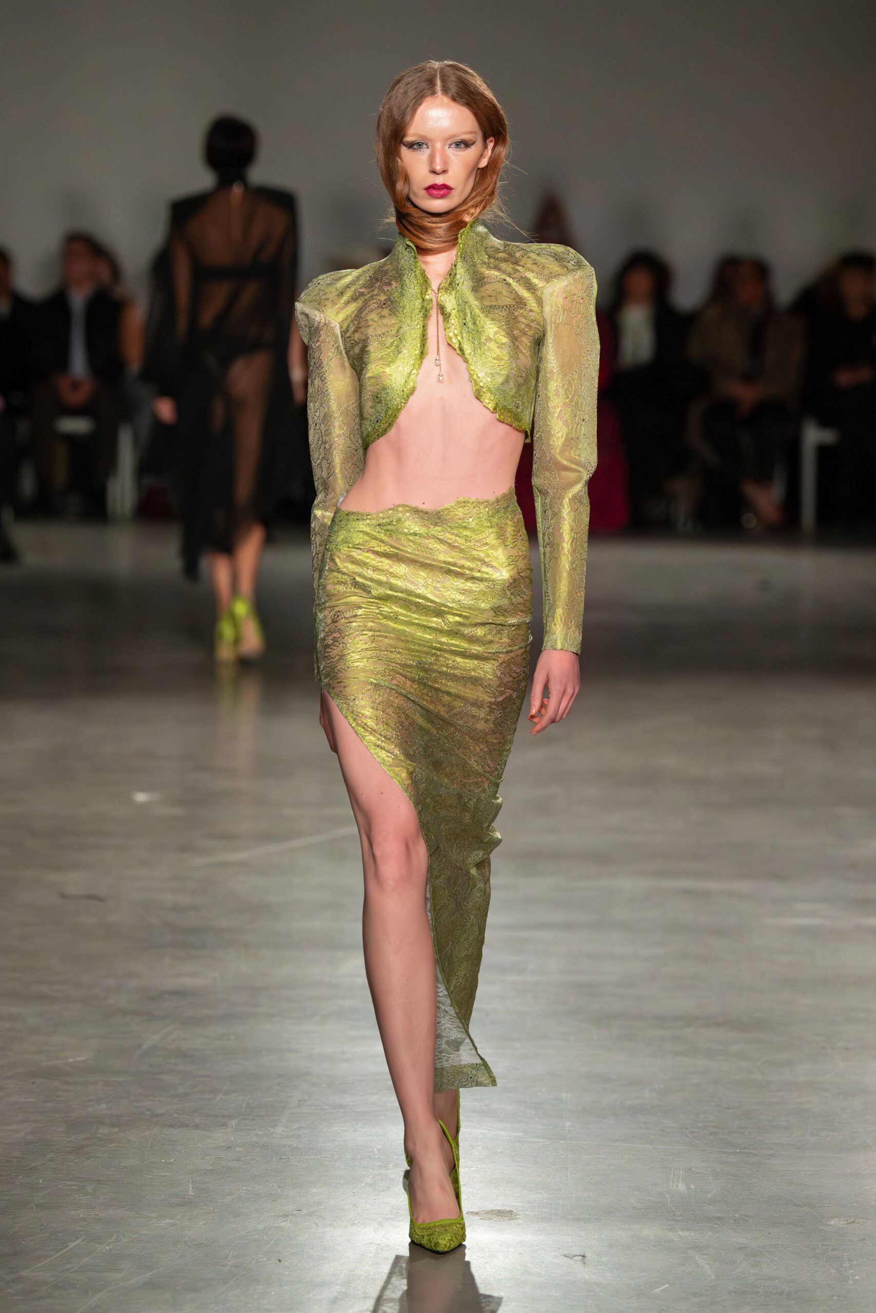green silk long-sleeve v-neck fitted ruched shiny dress