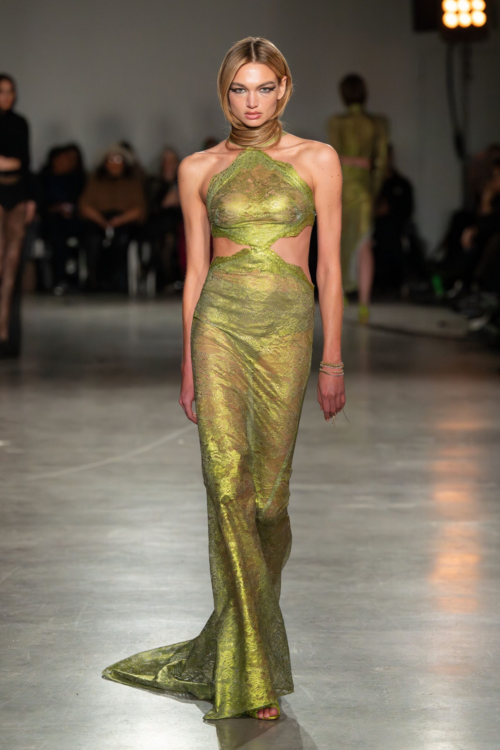 fitted green silk gown