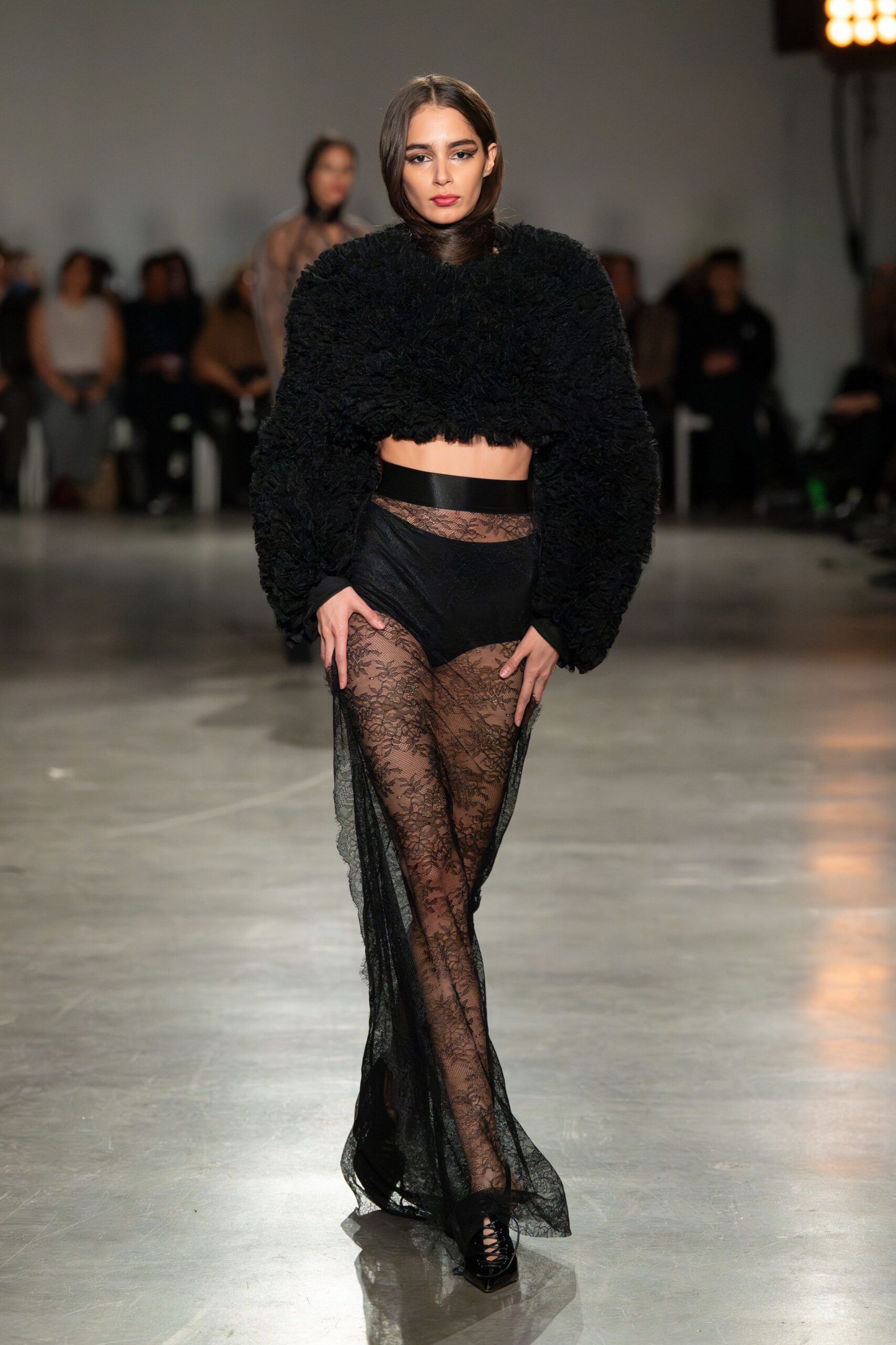 black lace slit fitted sheer maxi skirt