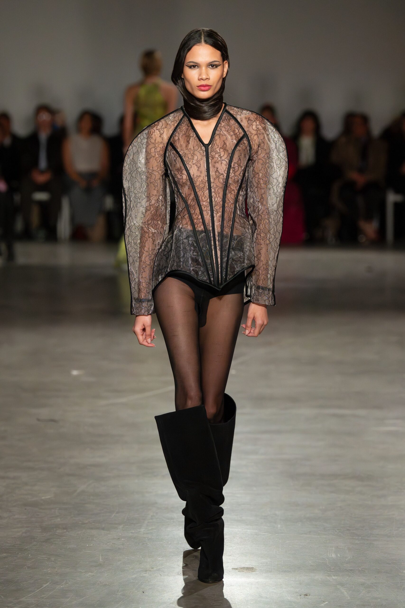 black lace long-sleeve v-neck fitted ruched sheer bodysuit