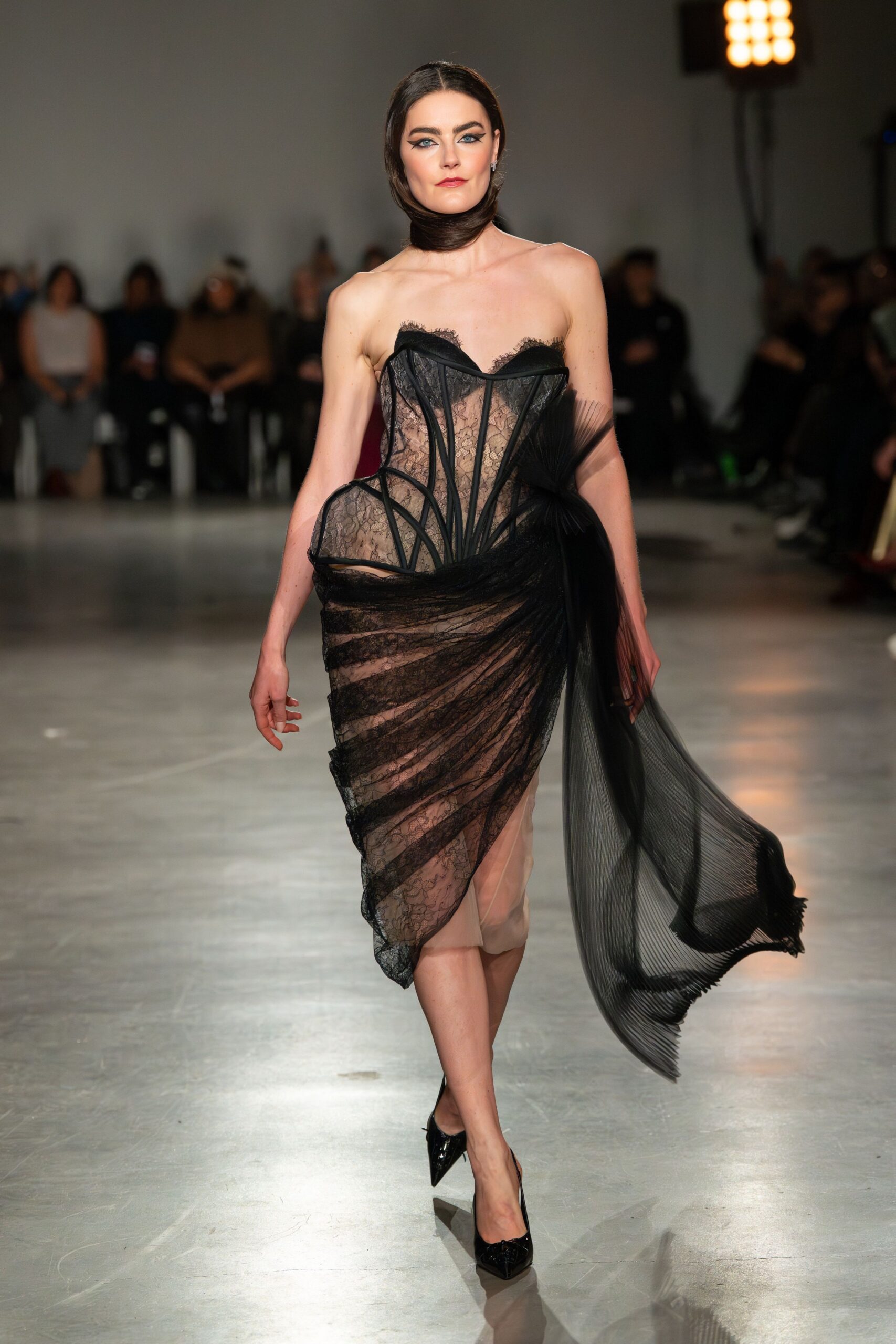 black silk strapless asymmetric fitted pleated draped dress