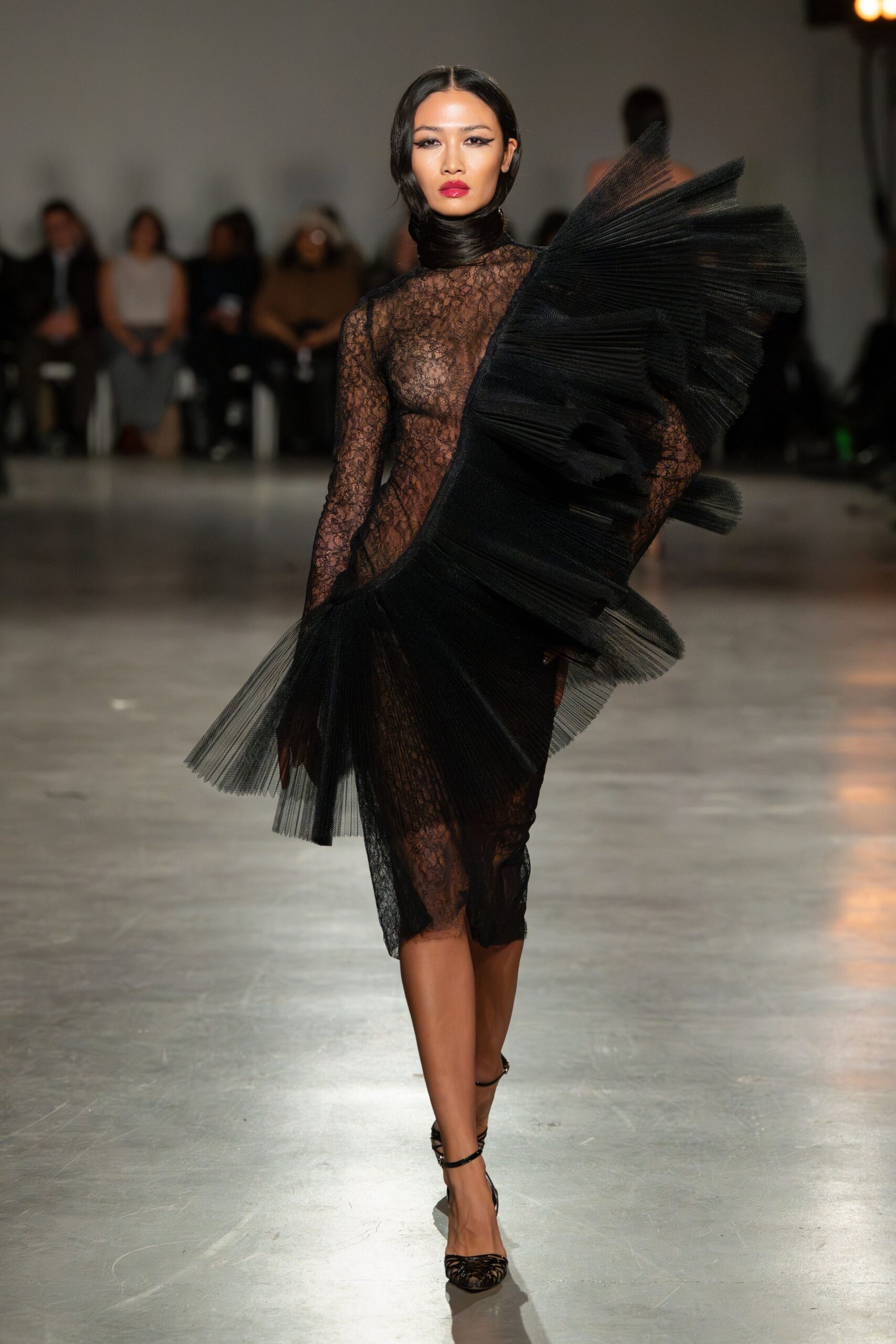 black lace long-sleeve v-neck fitted ruffled sheer dress