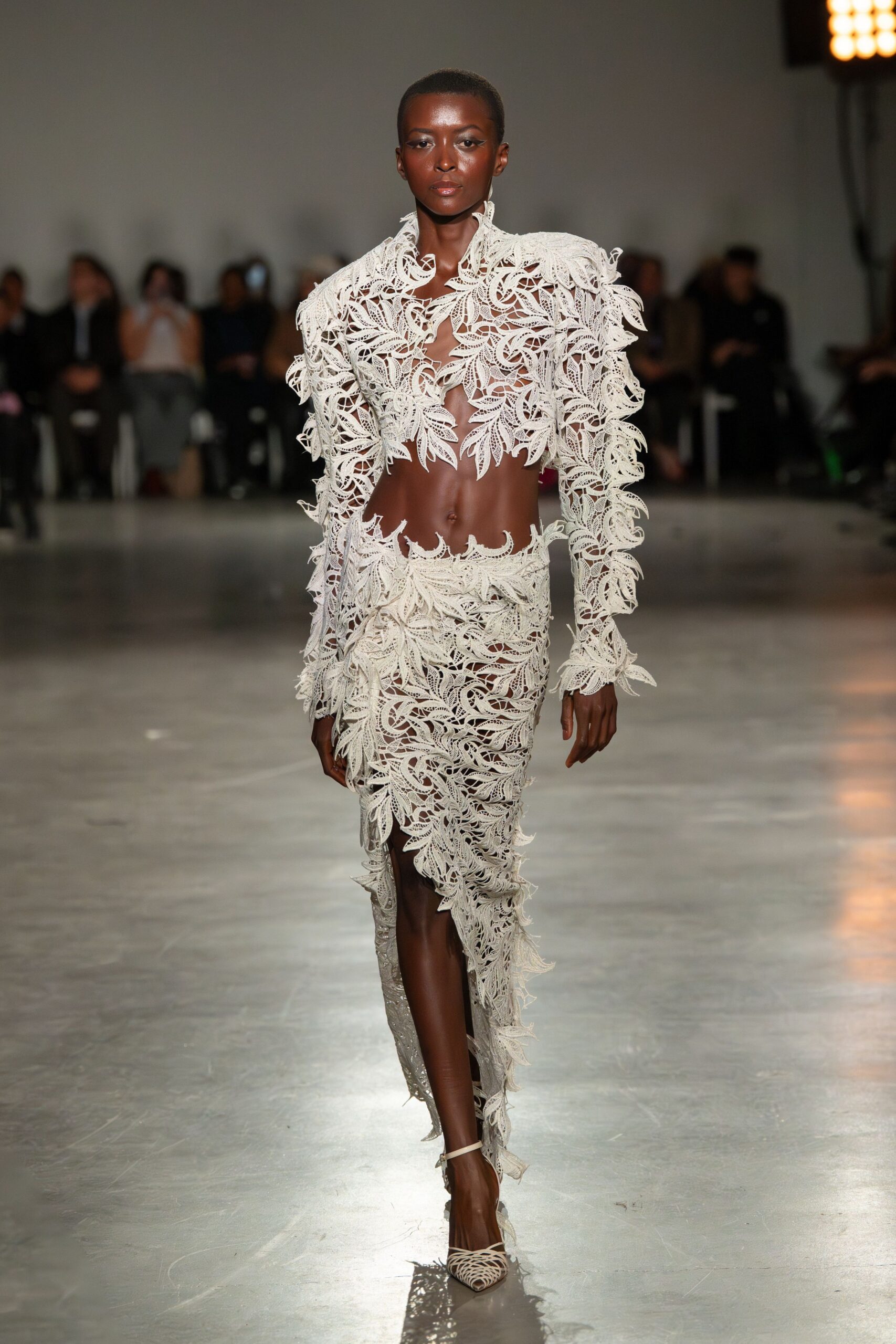 white lace long-sleeve v-neck fitted embroidered tiered dress