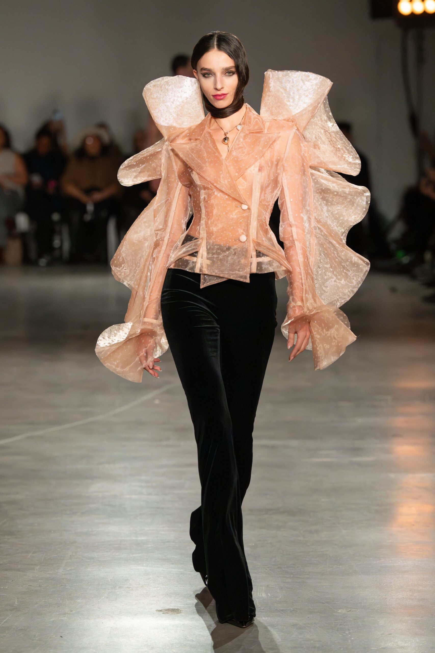 pink vinyl long-sleeve collared fitted ruffled shiny blazer