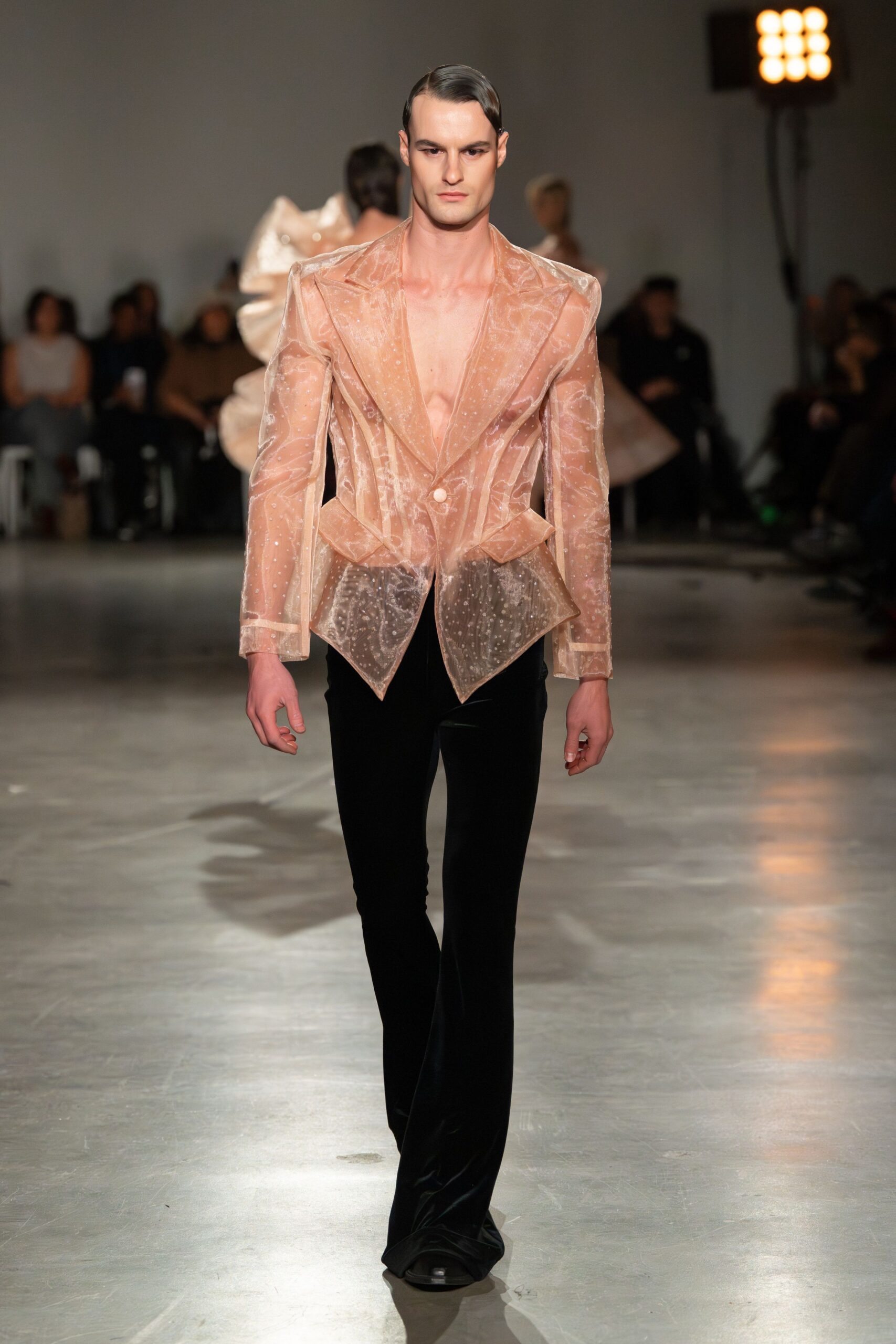 pink silk long-sleeve collared tailored pleated buttoned blazer