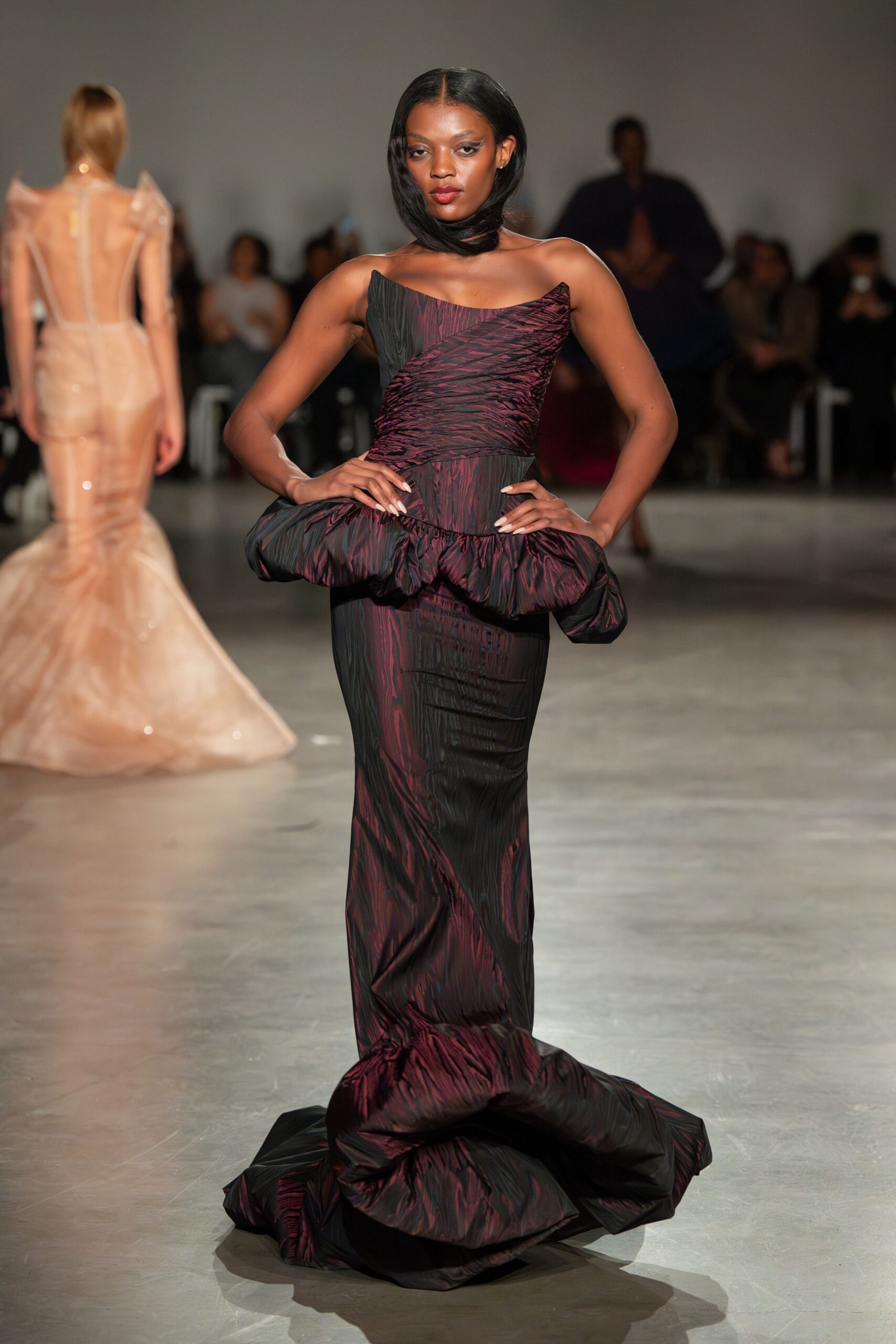 black and red ruched gown