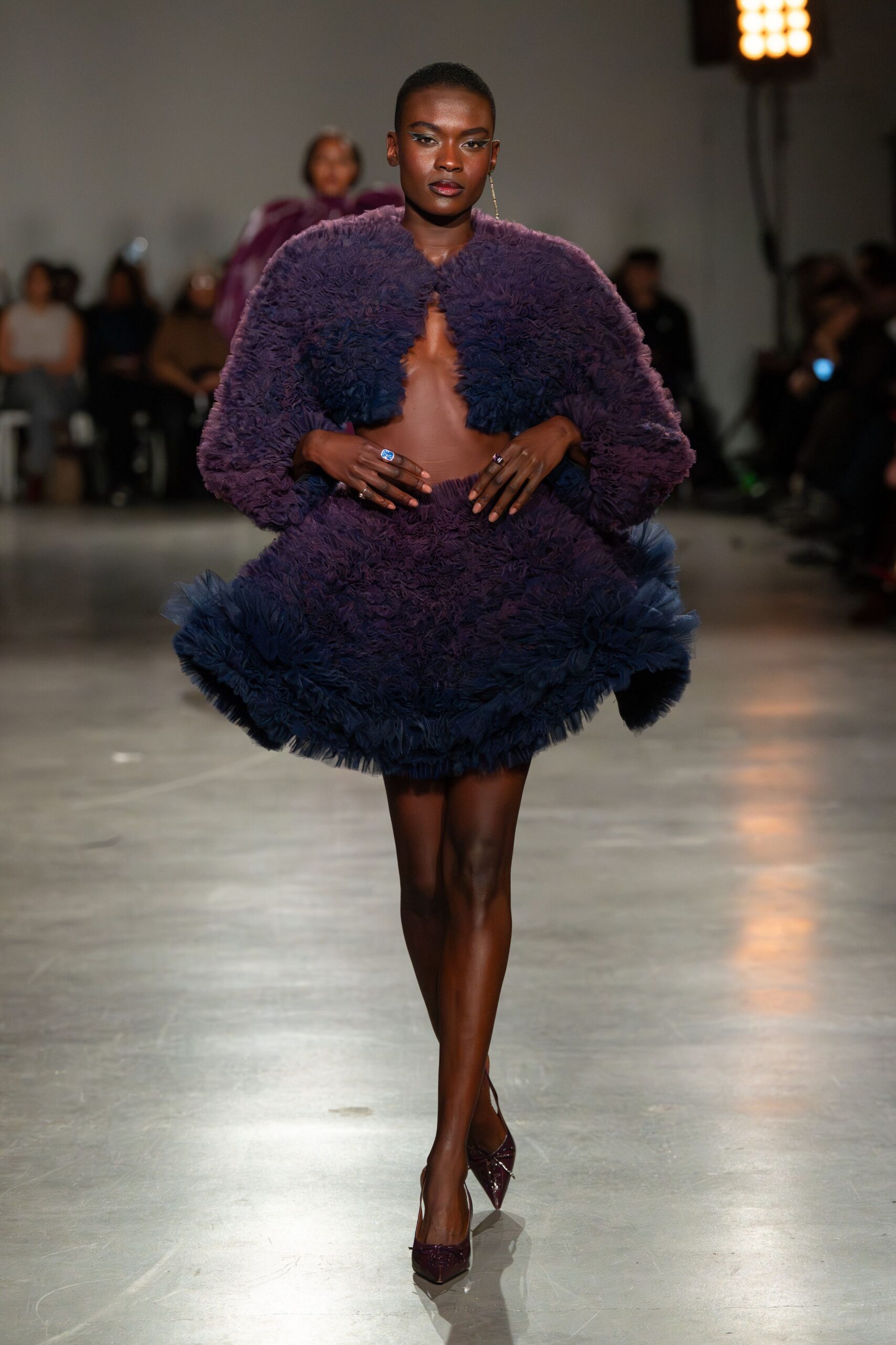 purple fur sleeveless v-neck fitted ruffled mini dress