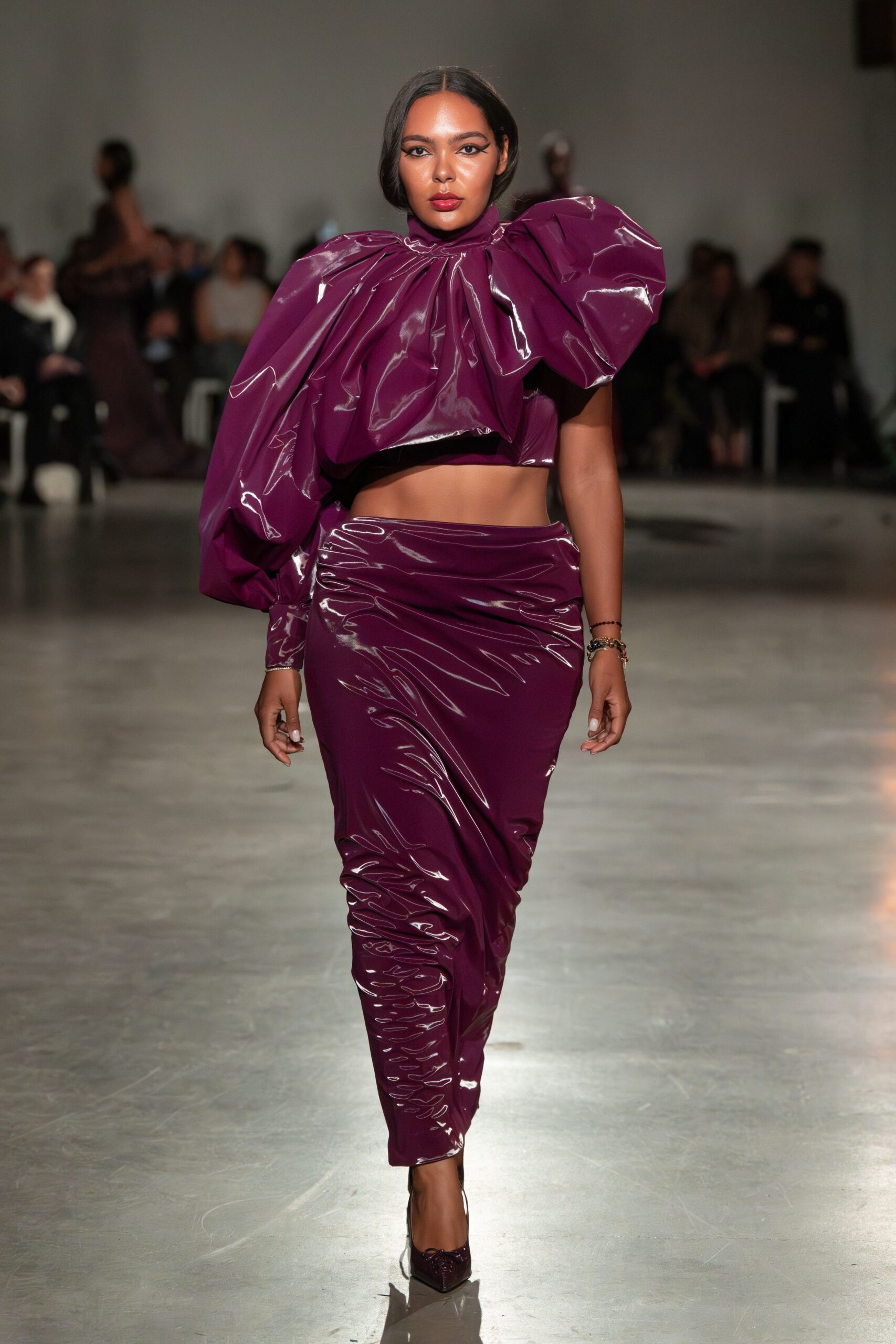 purple vinyl long-sleeve off-shoulder fitted pleated shiny top