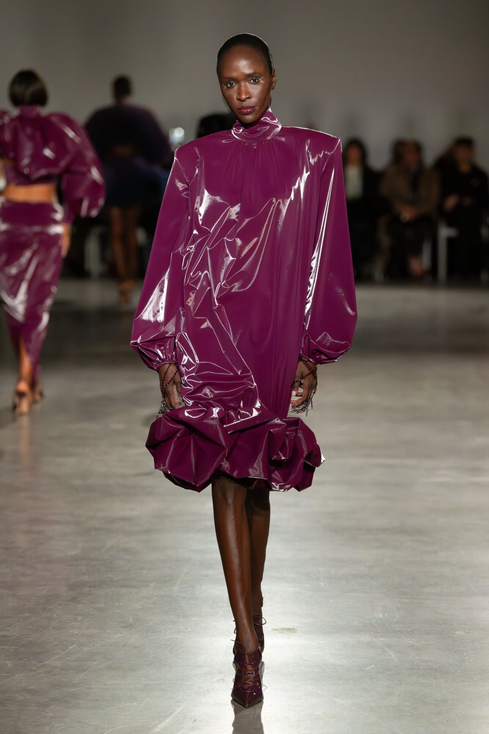 purple vinyl long-sleeve high-neck relaxed ruffled shiny dress