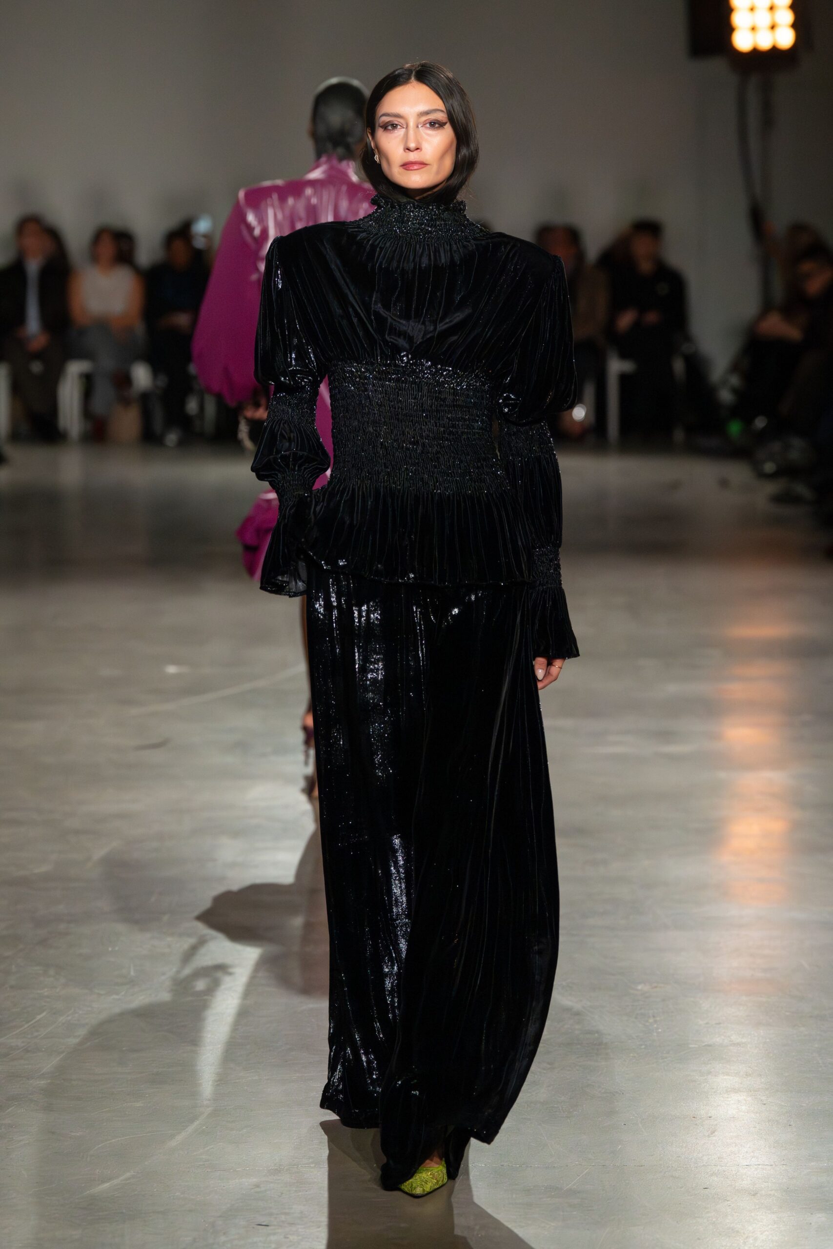 black velvet long-sleeve gown