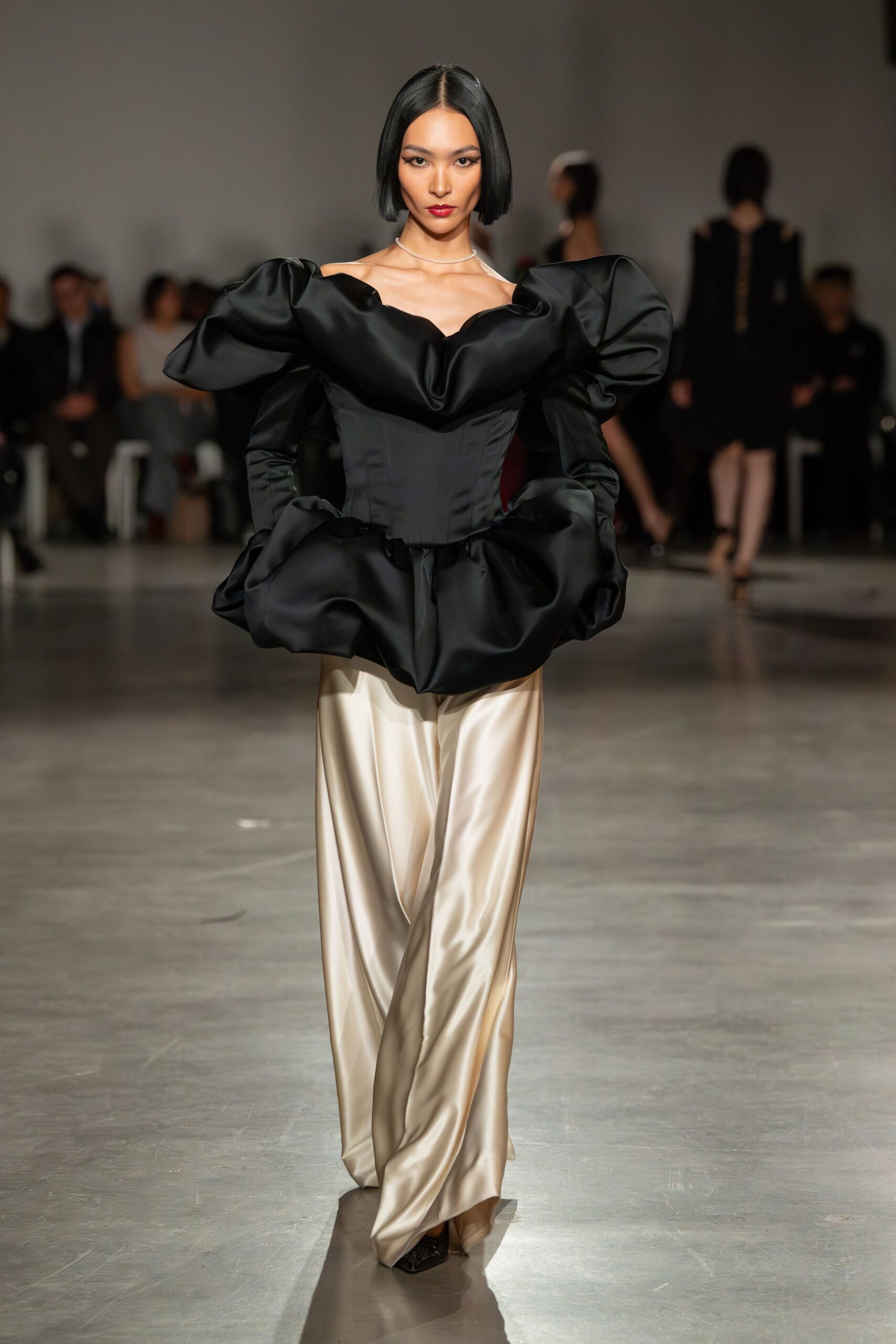 black silk long-sleeve off-shoulder fitted ruffled top