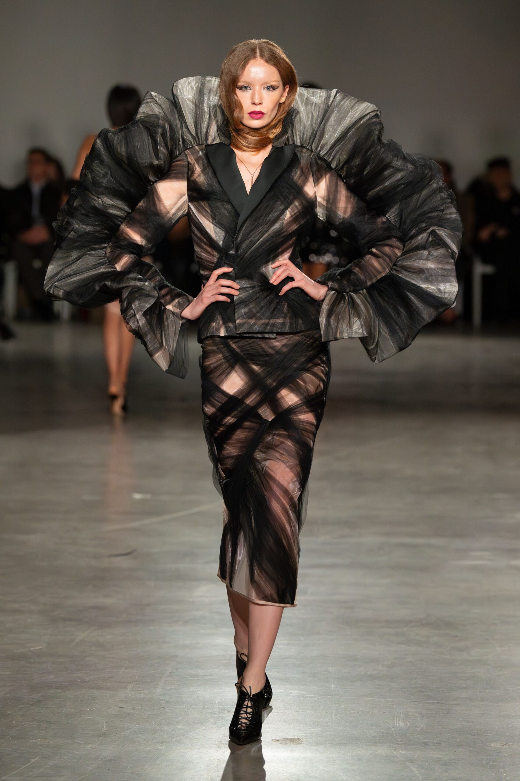 black silk long-sleeve v-neck fitted ruffled layered dress