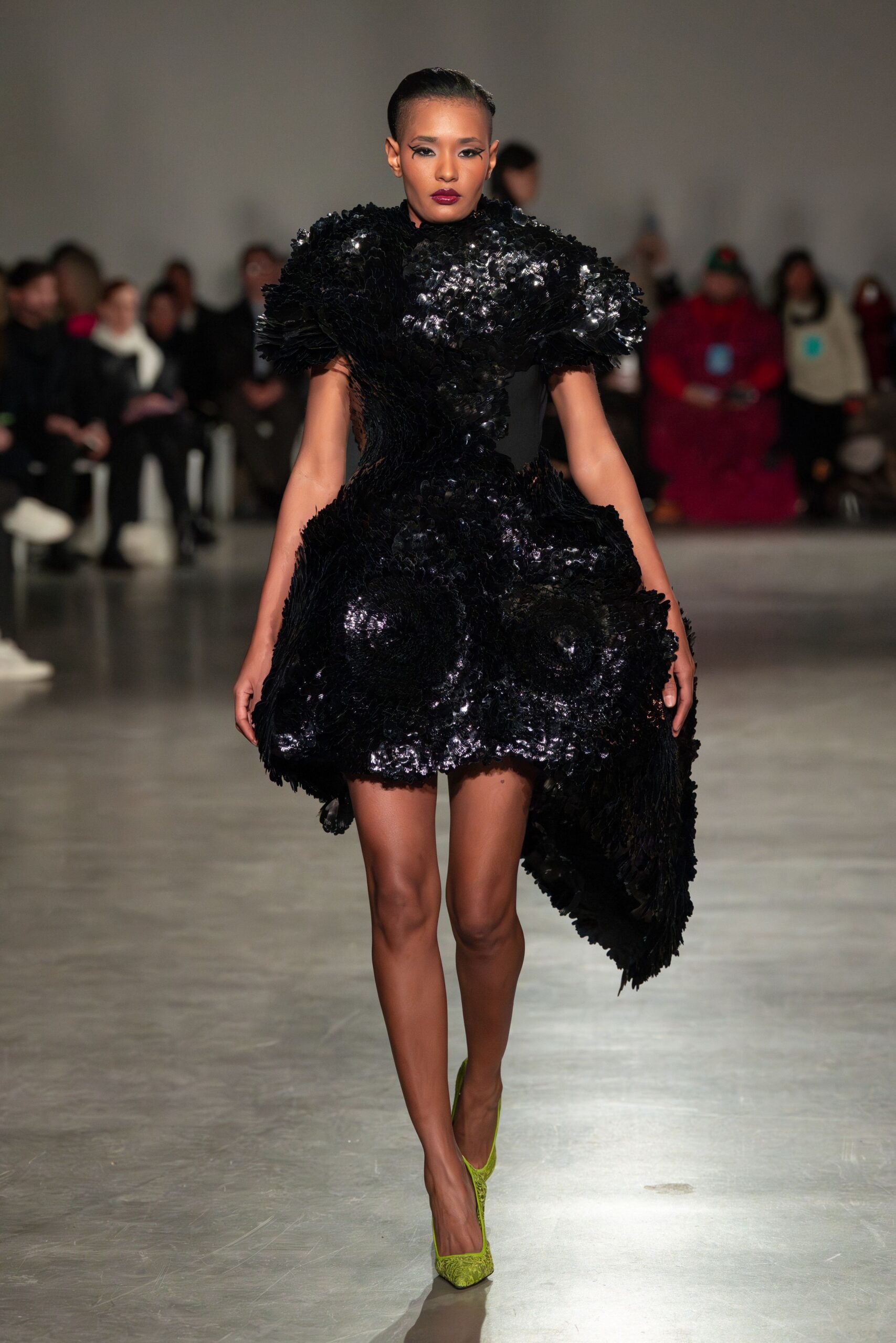 black sequin sleeveless v-neck fitted ruffled layered dress