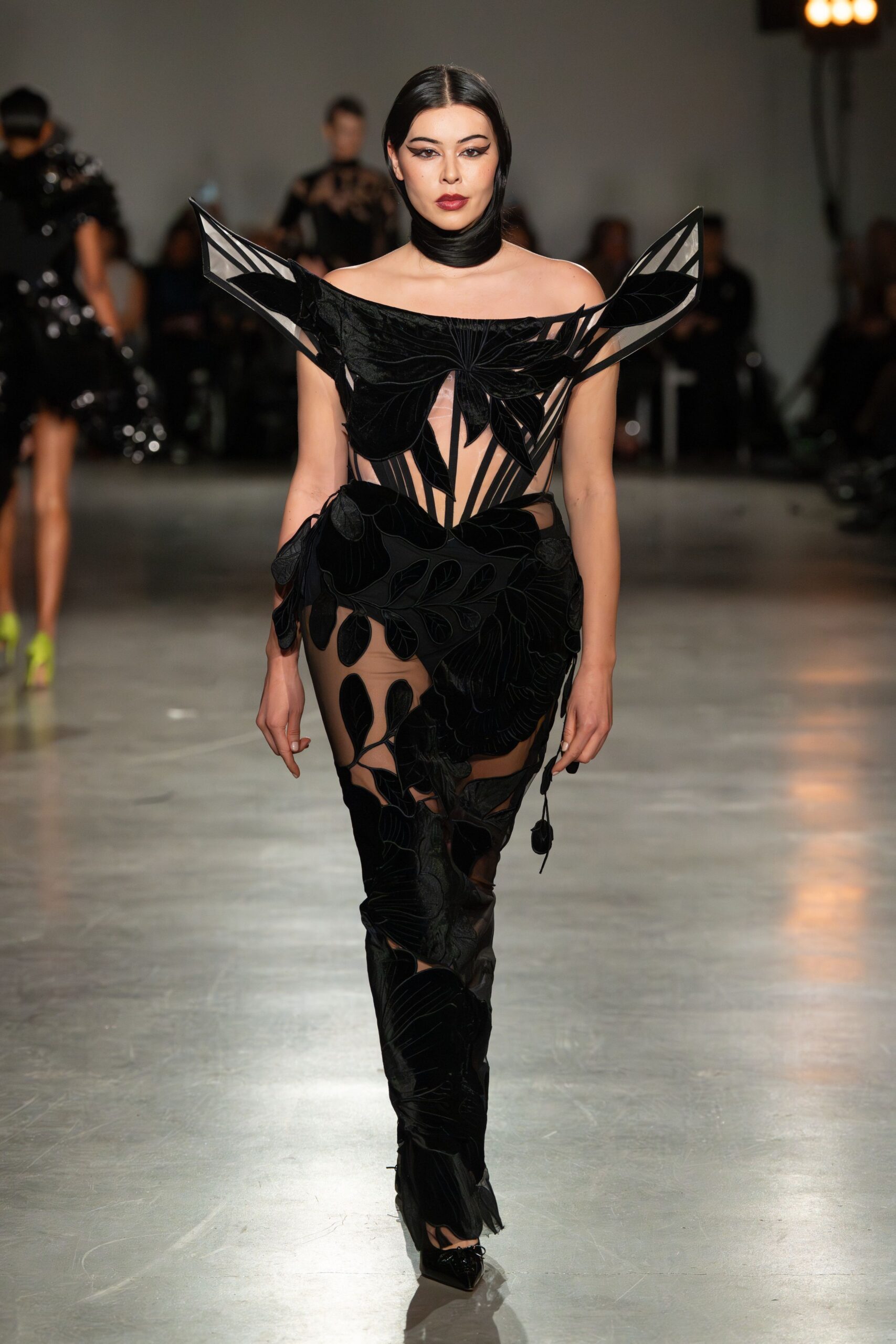 black silk off-shoulder fitted embroidered layered sheer gown