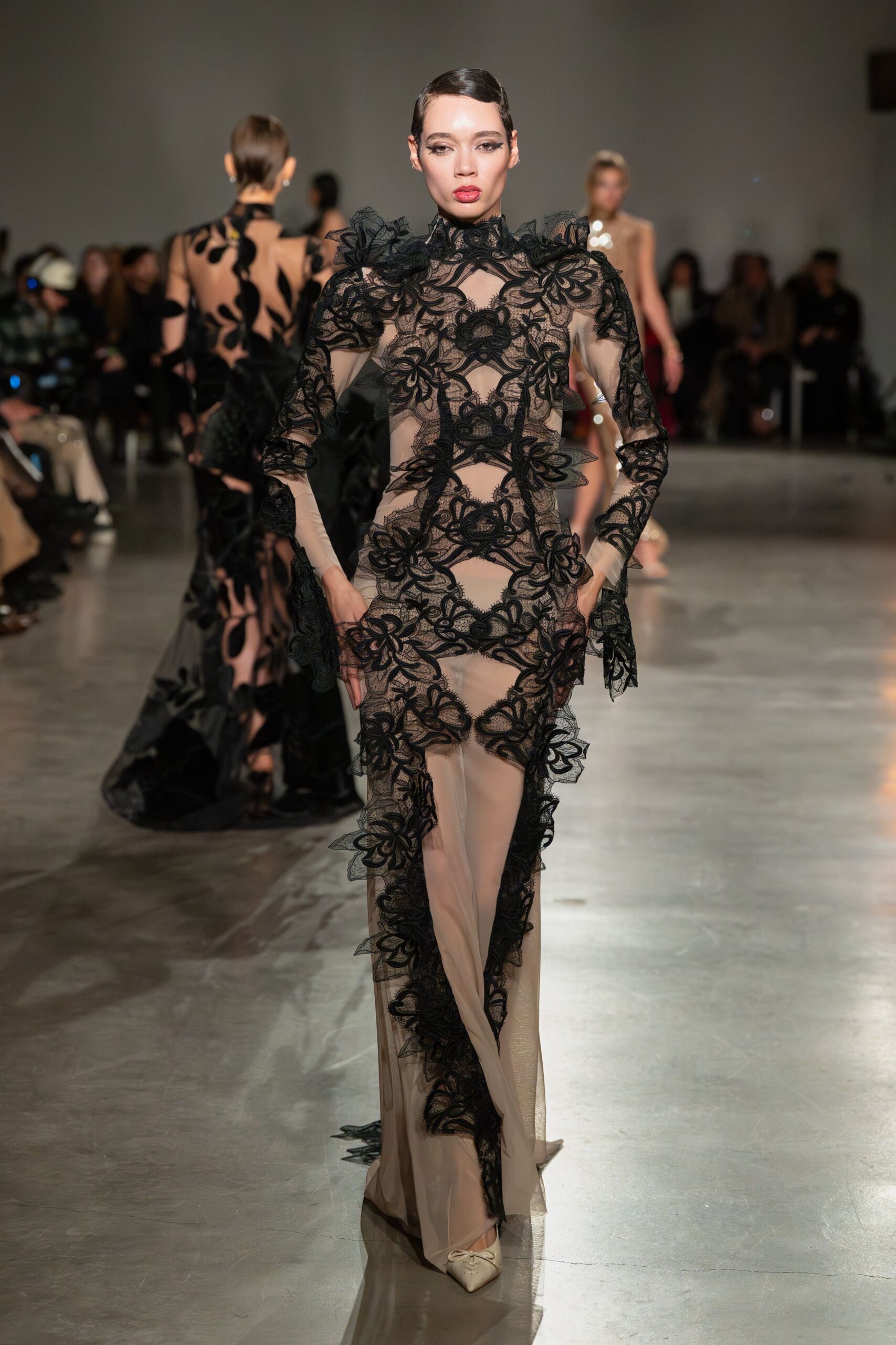 black silk long-sleeve v-neck fitted embroidered gown