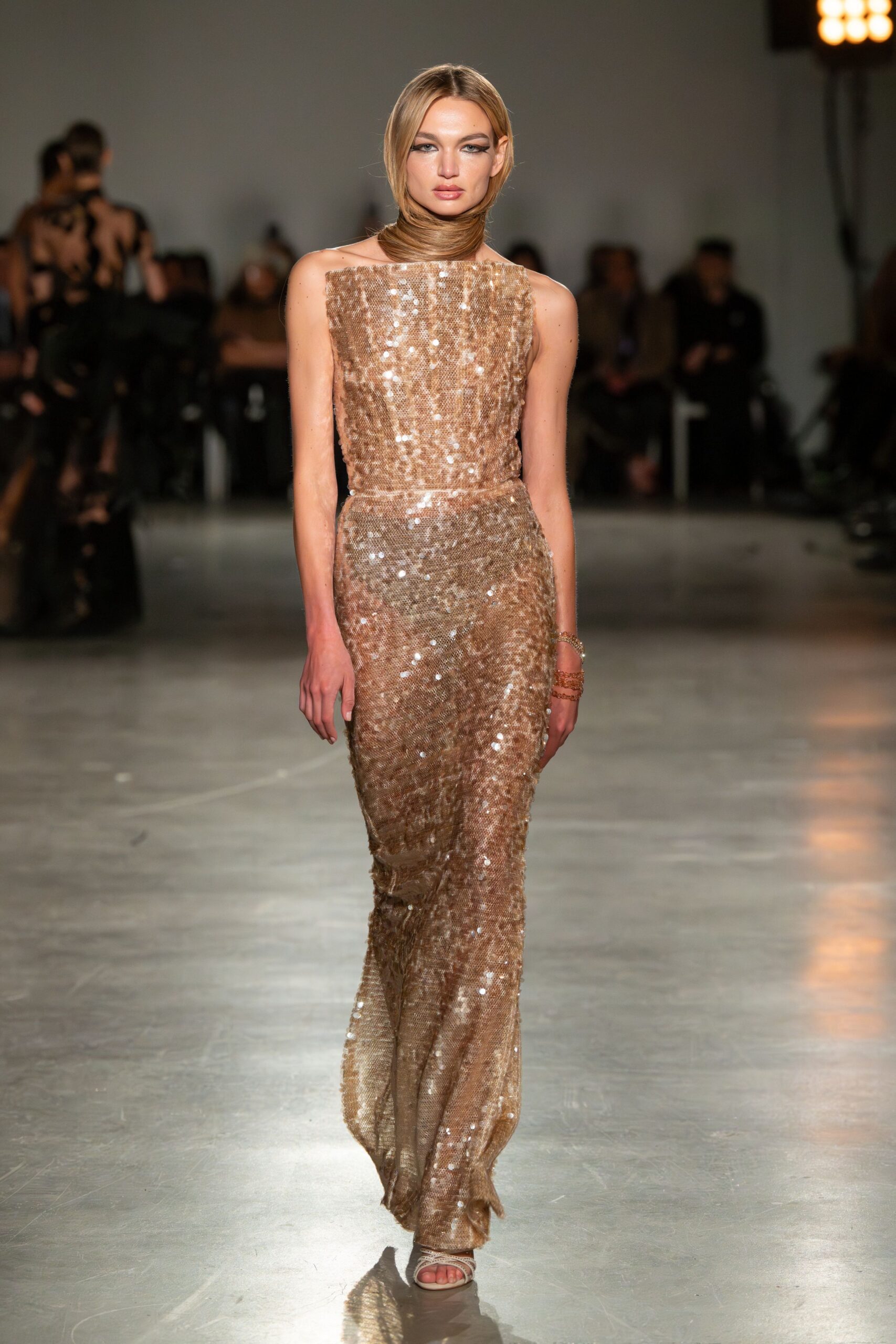 gold sequin sleeveless high-neck fitted embellished shiny gown