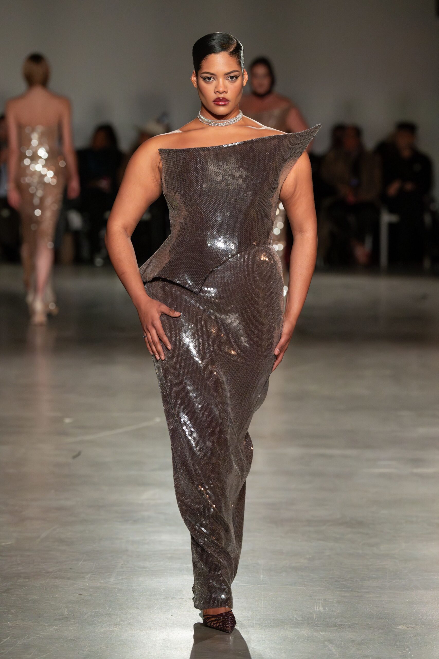 brown sequin strapless gown