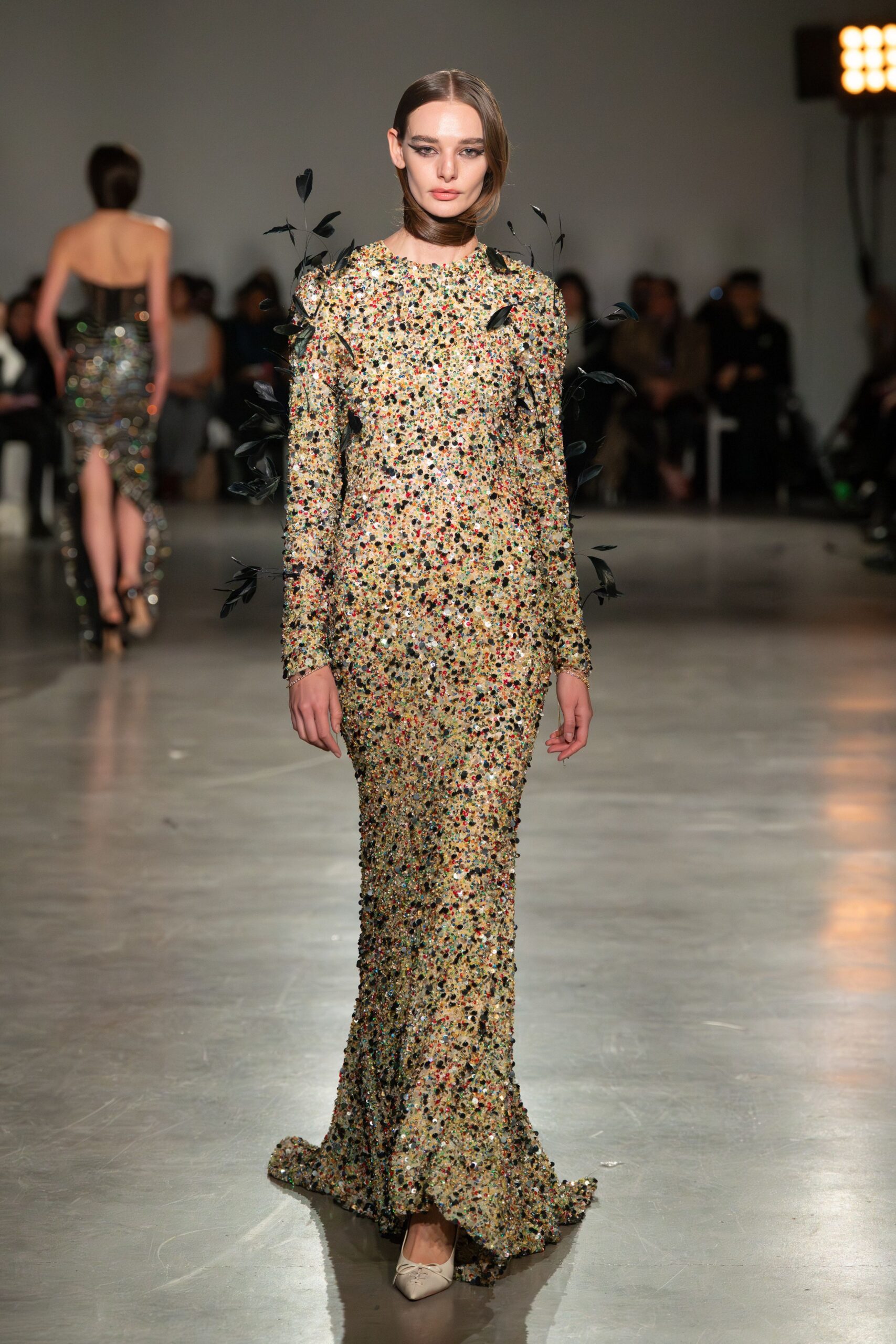 gold silk long-sleeve high-neck fitted embellished shiny gown