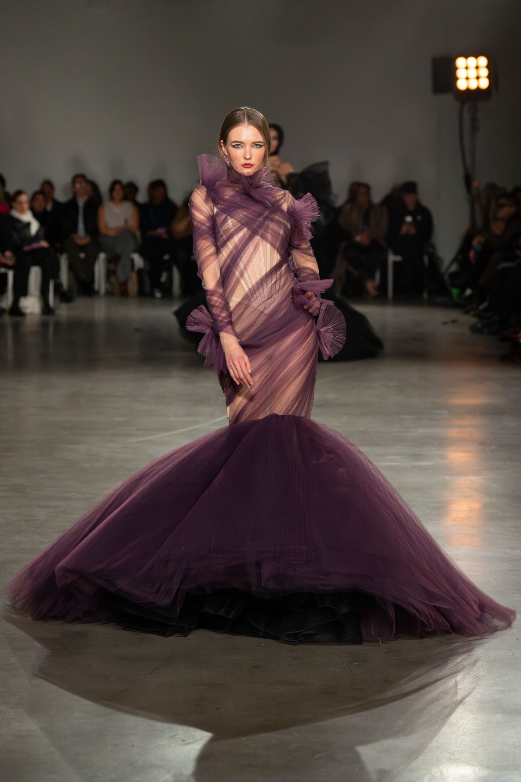purple tulle off-shoulder gown