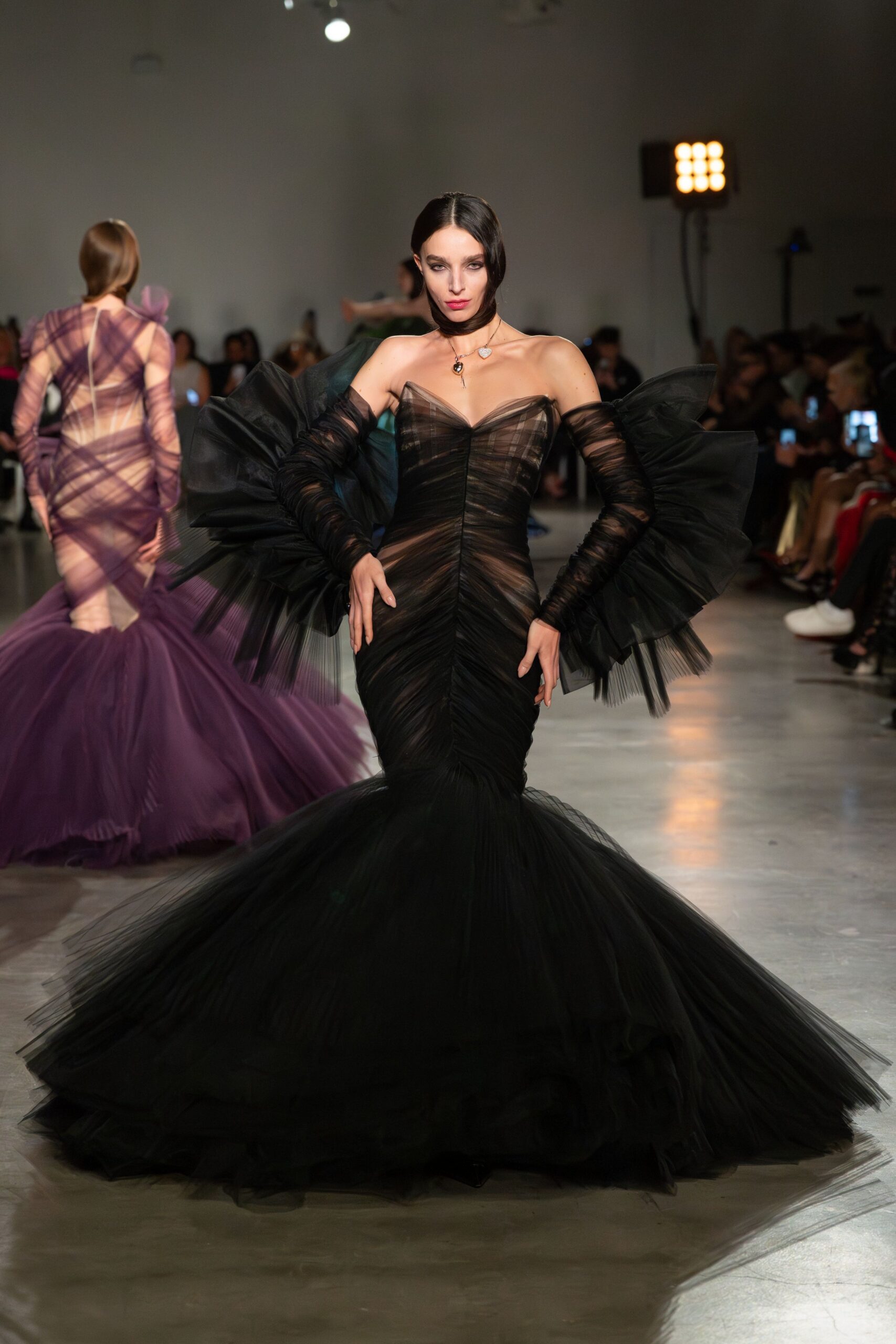 black tulle strapless gown