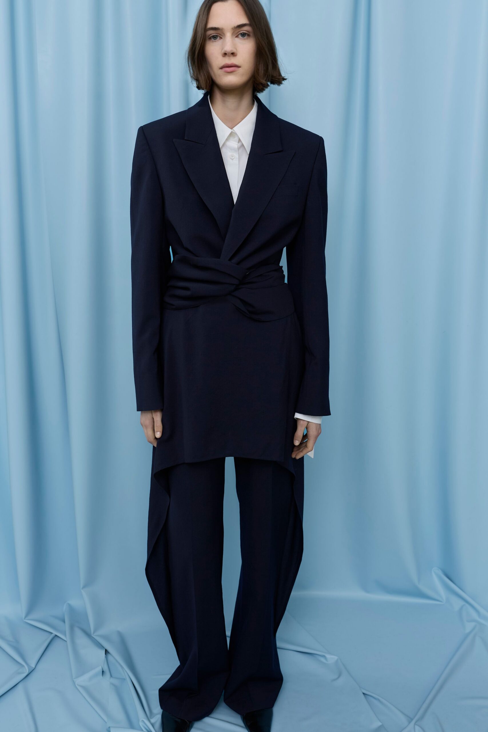 blue wool long-sleeve collared structured belted blazer