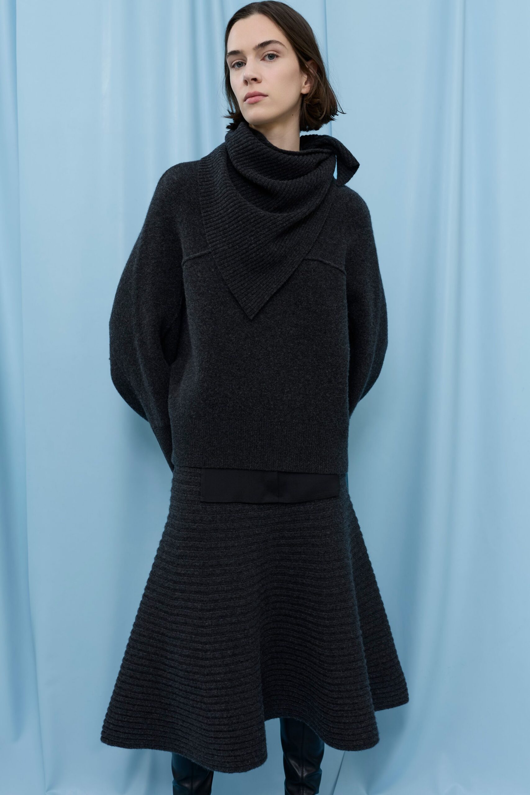 black wool long-sleeve high-neck oversized draped tiered dress