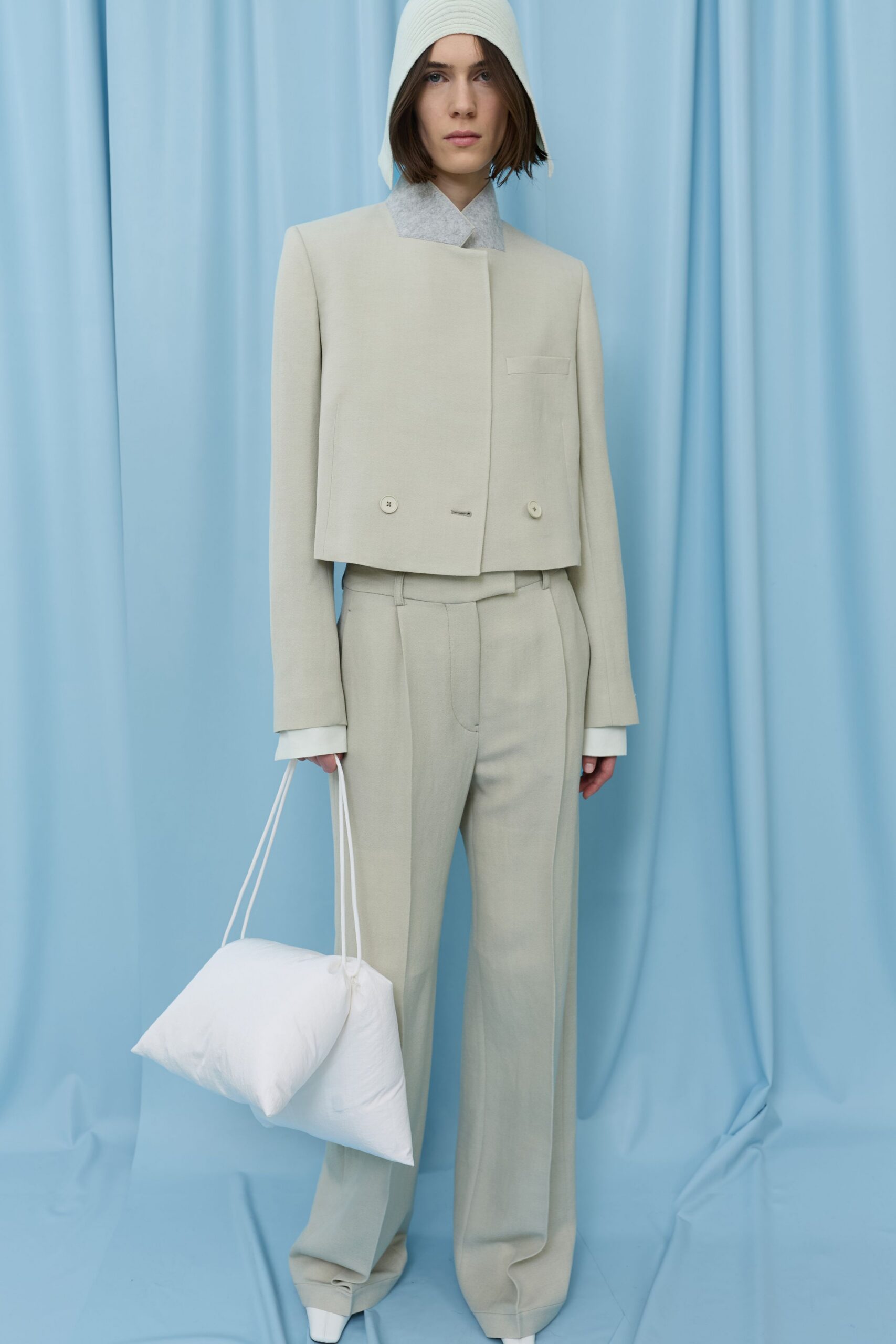 beige cotton long-sleeve collared structured buttoned blazer