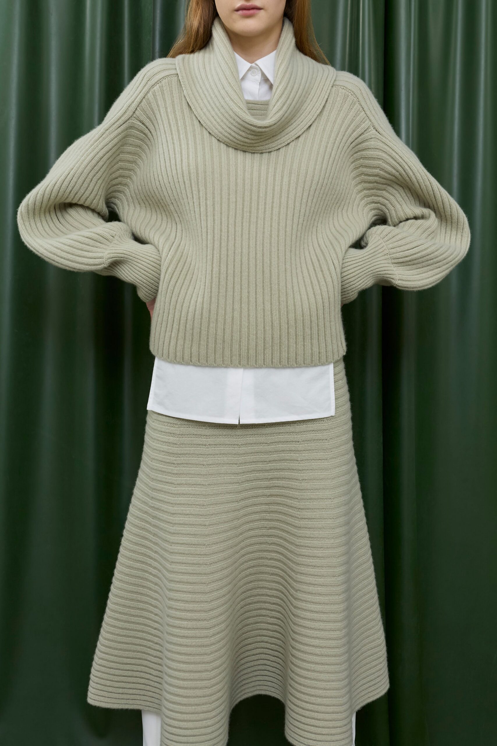 beige wool long-sleeve high-neck oversized ribbed cropped top