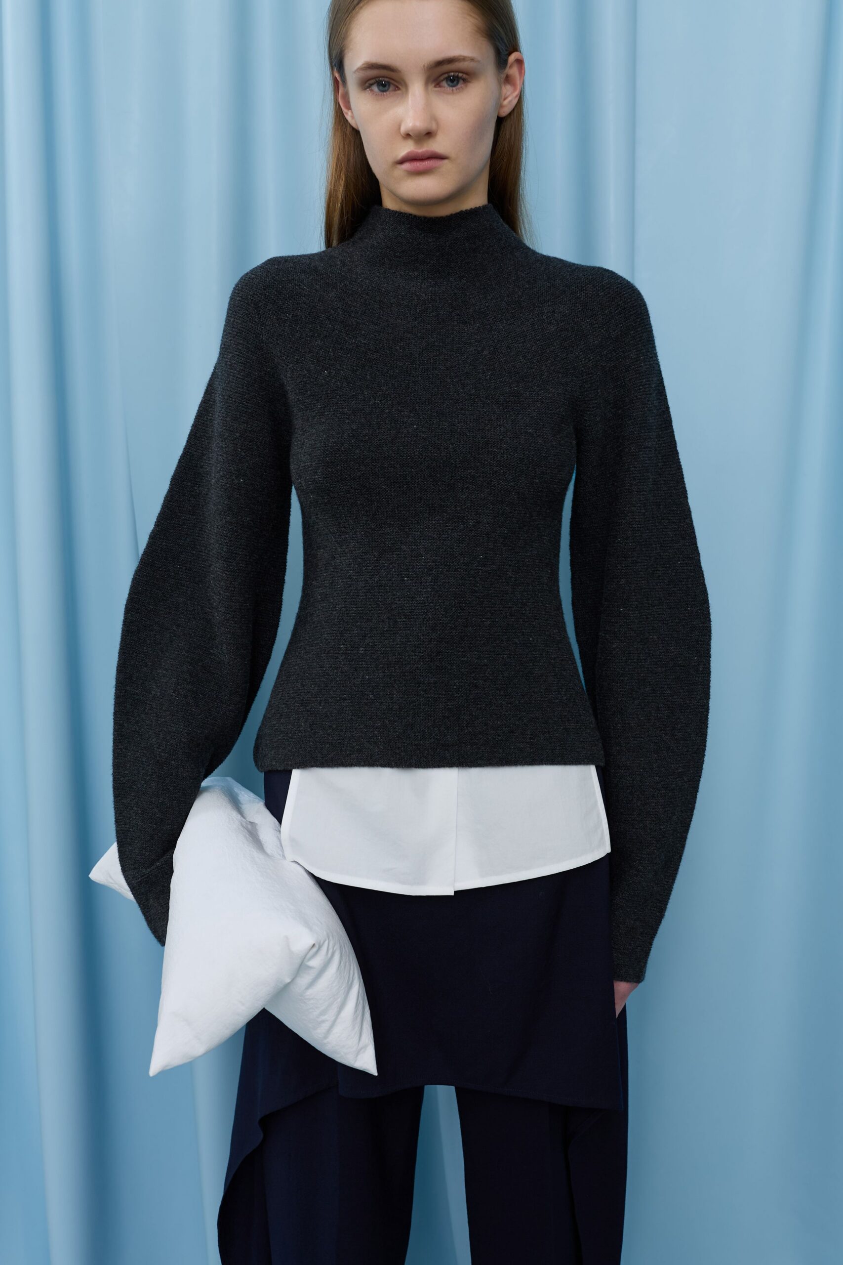 gray wool long-sleeve high-neck fitted structured sweater