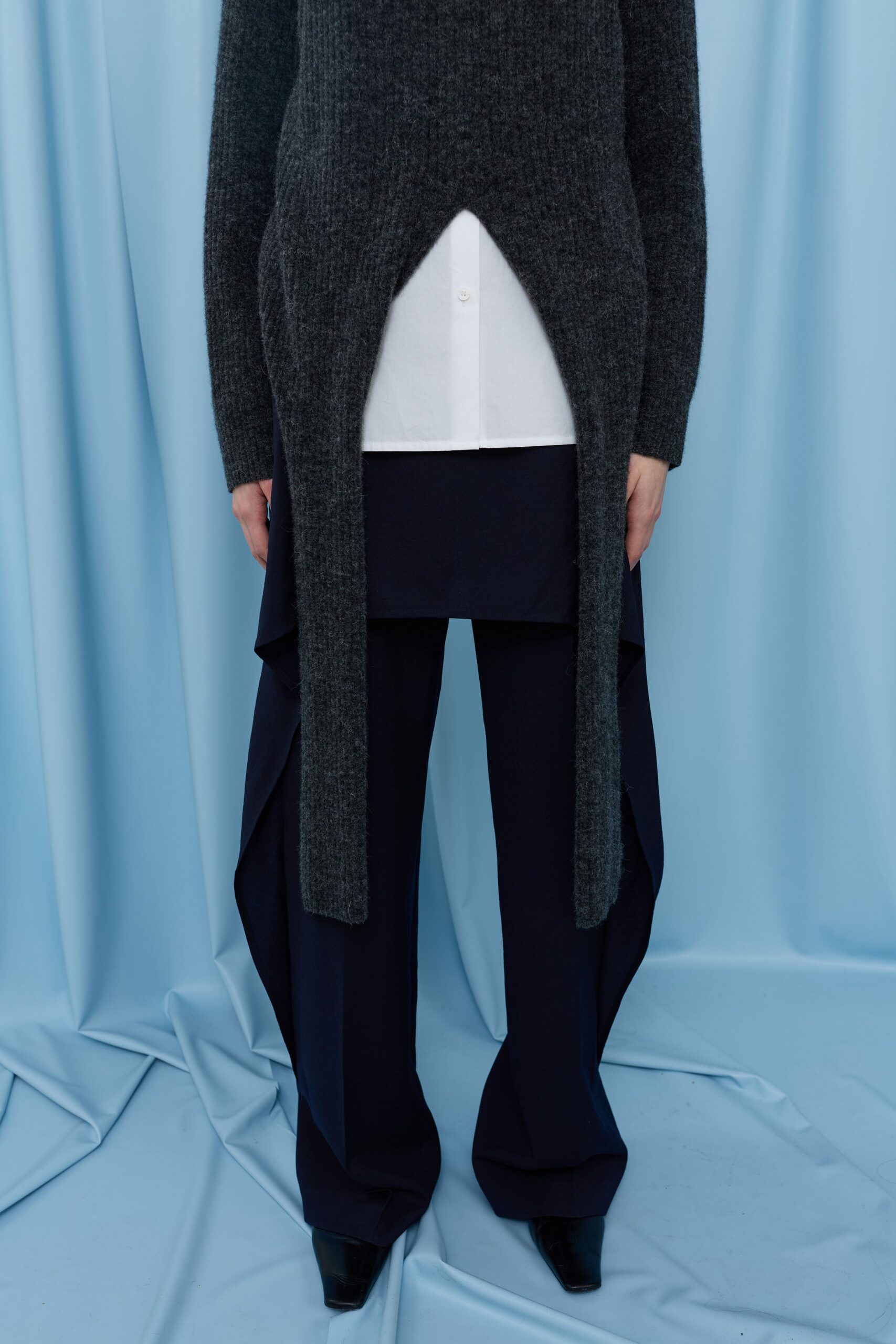 gray wool long-sleeve high-neck relaxed draped top