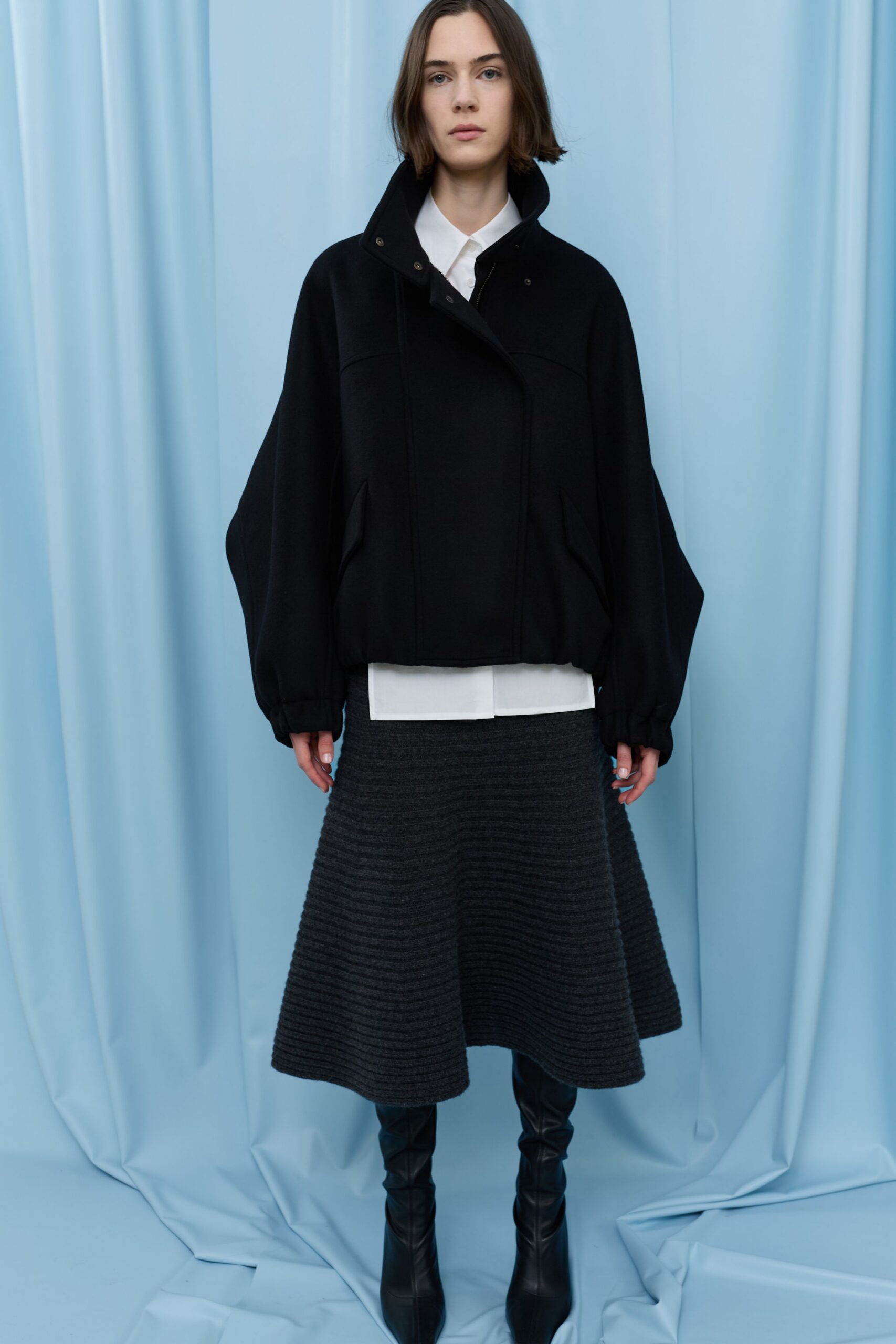 gray wool relaxed flared midi skirt