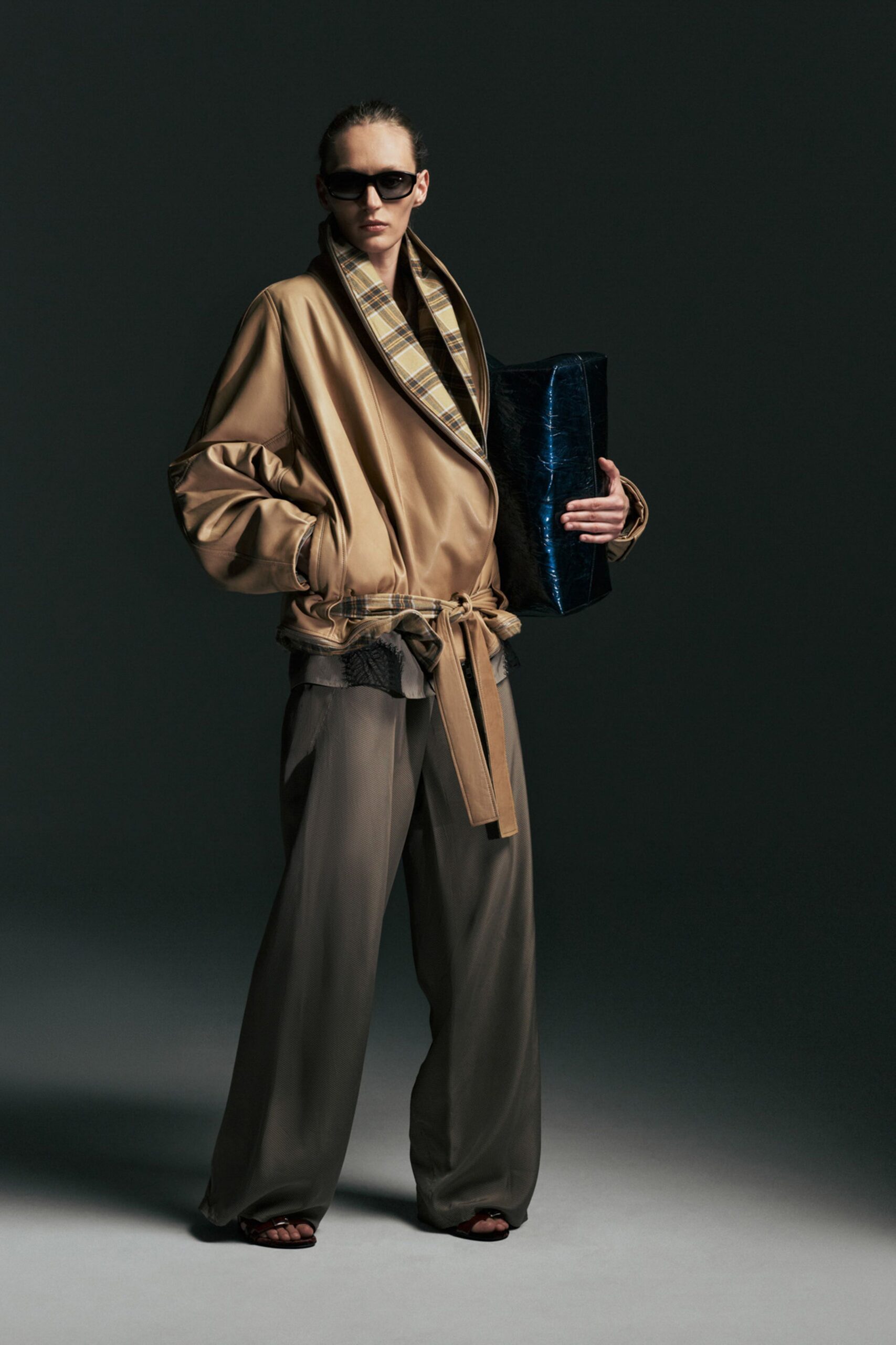 beige relaxed jacket with gray pants