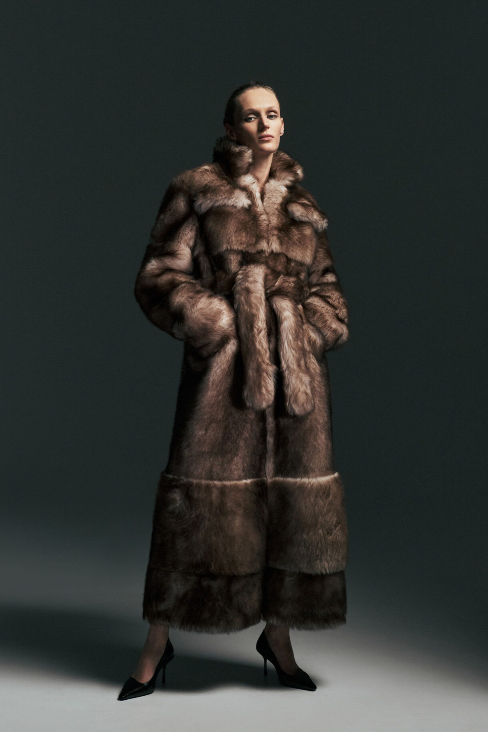 brown fur long-sleeve collared relaxed belted maxi coat