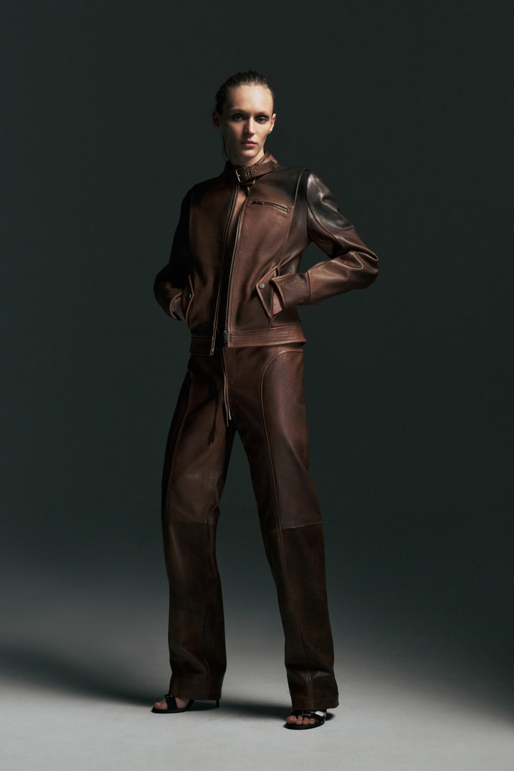brown leather jacket and pants