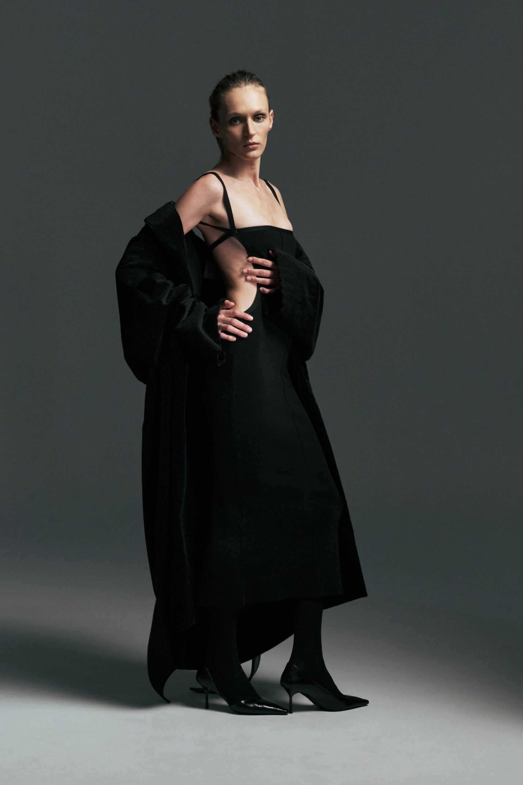 black silk fitted dress with coat