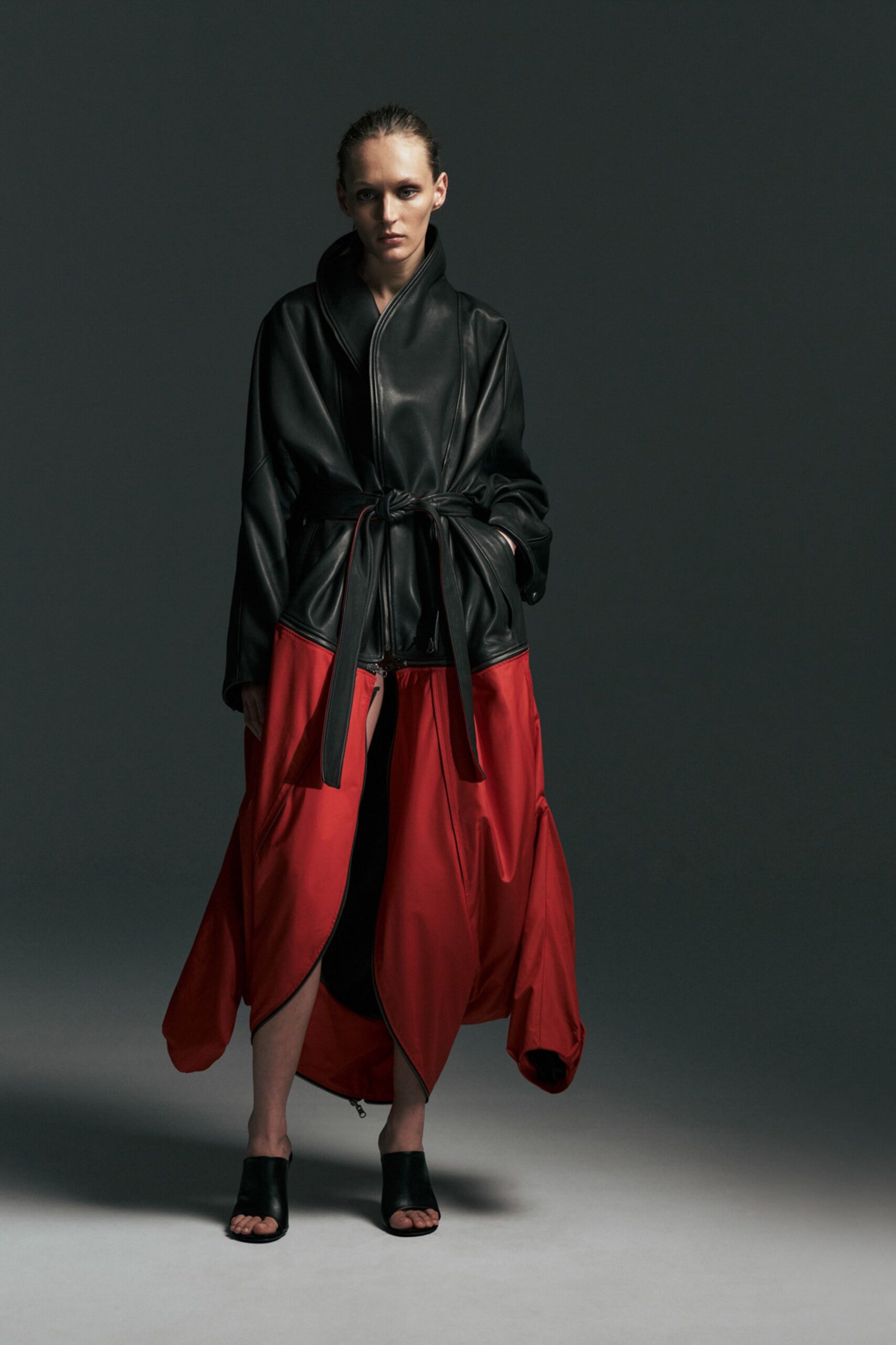 black leather jacket red dress