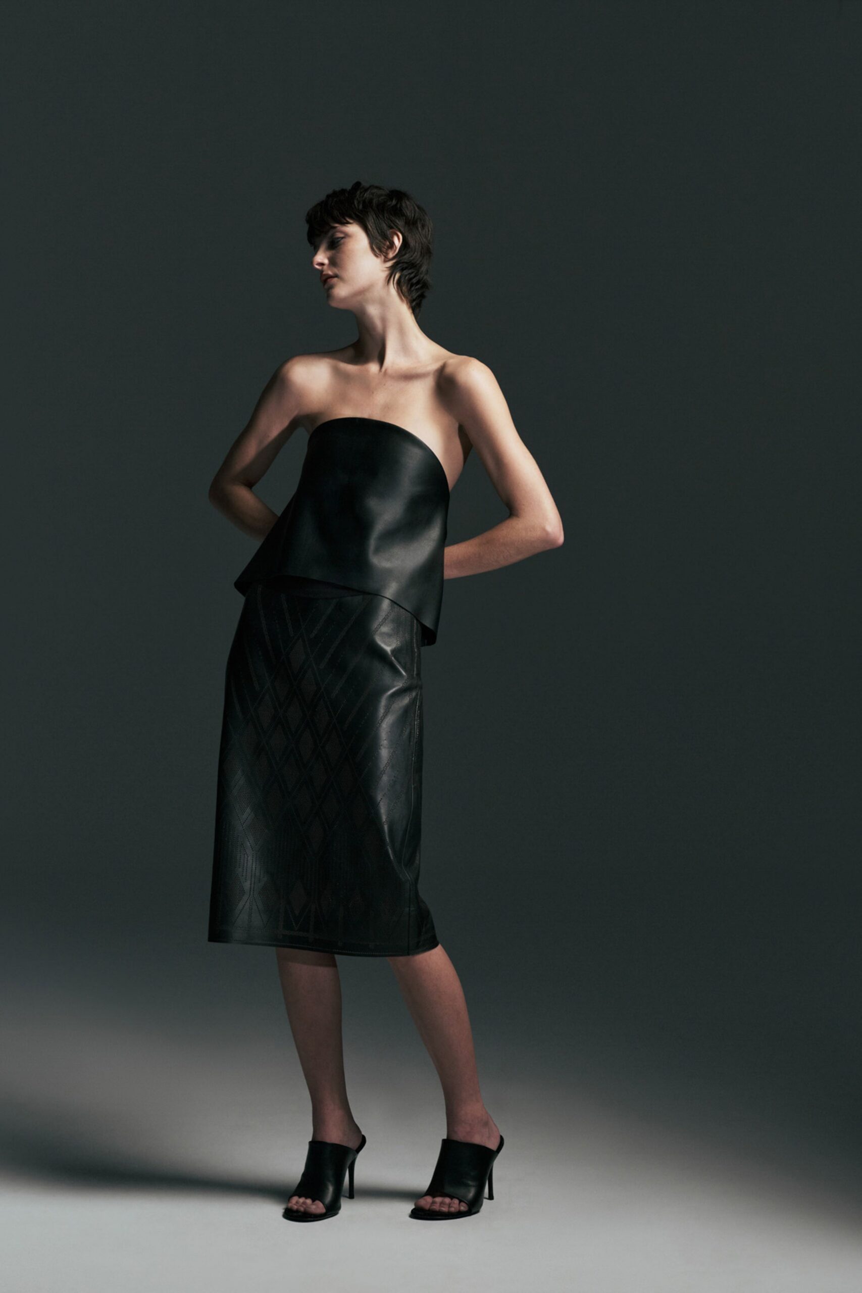 black leather strapless top and pencil skirt