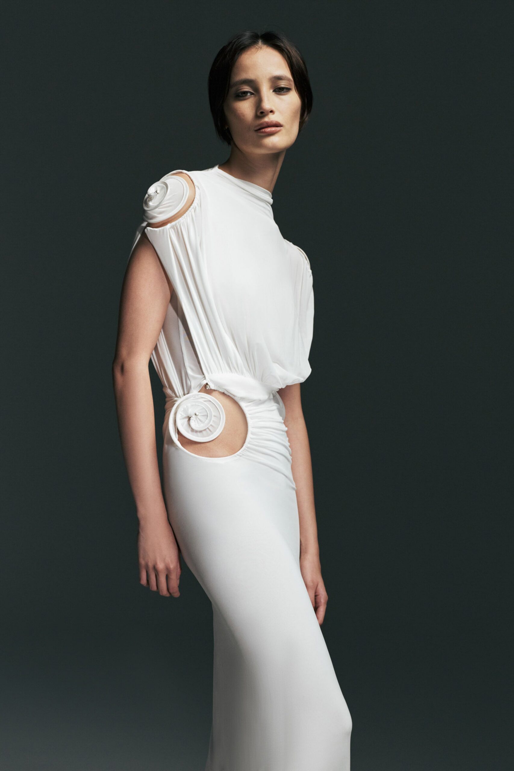 white silk fitted gown