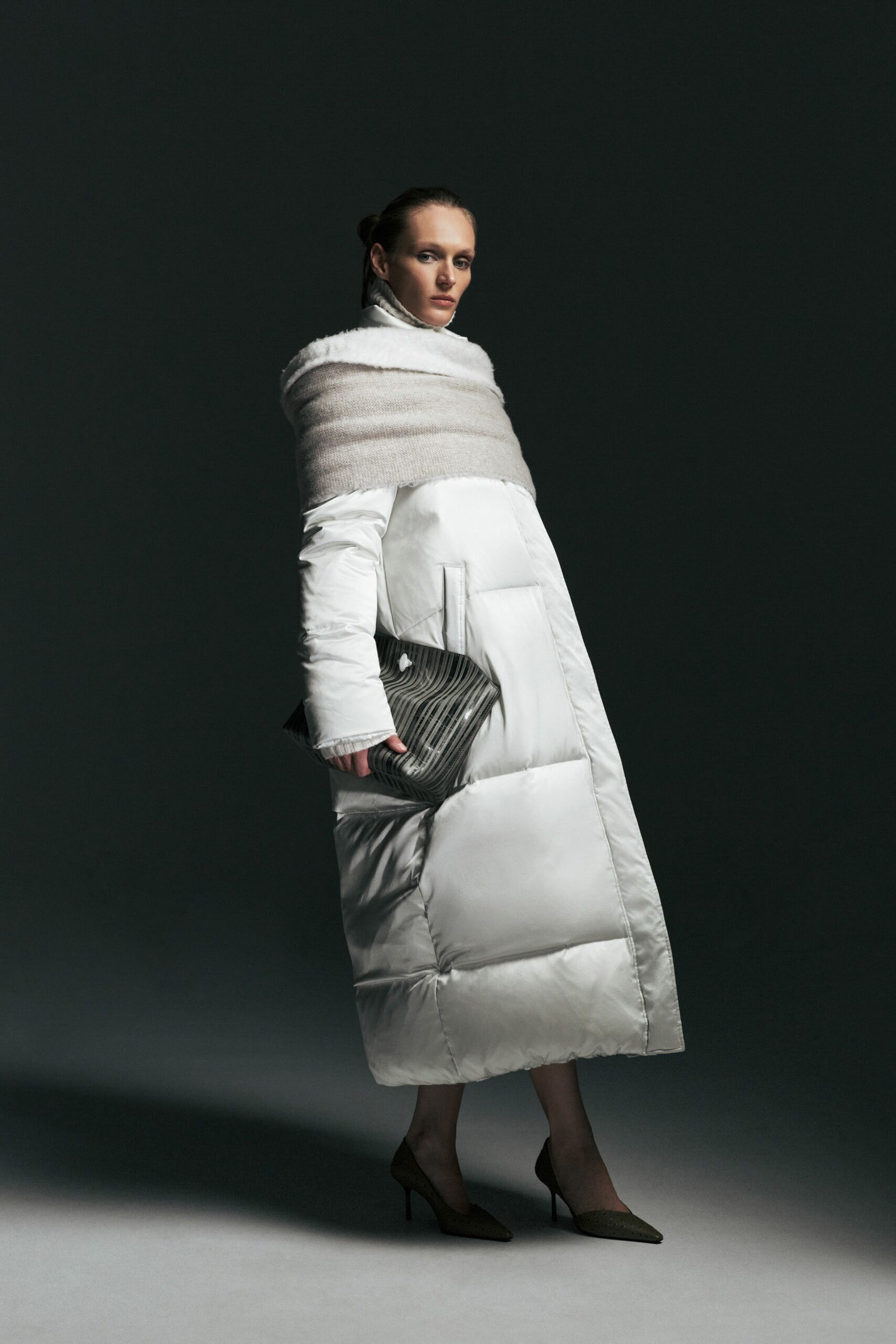 white padded coat with gray heels