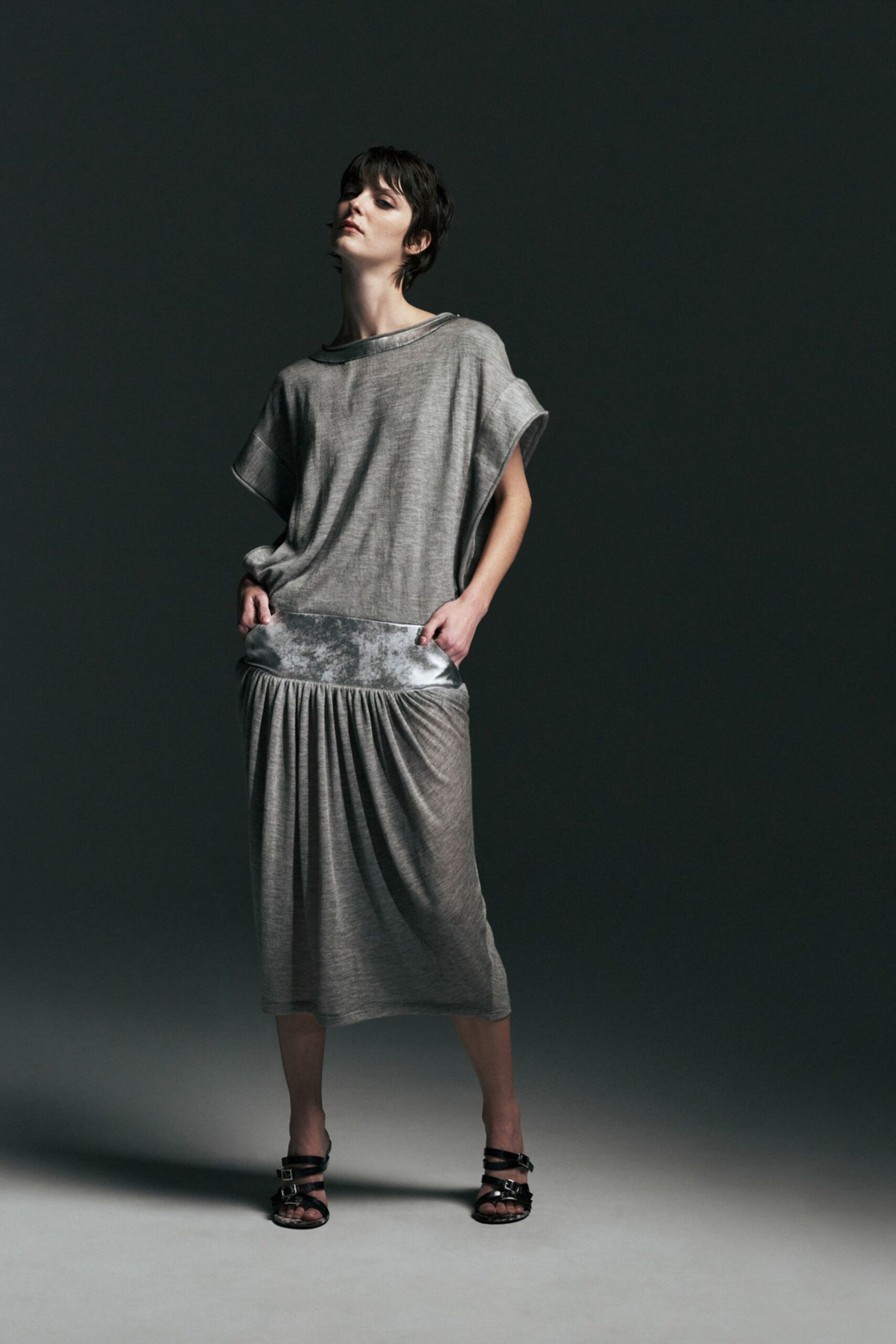 gray relaxed midi dress with pockets