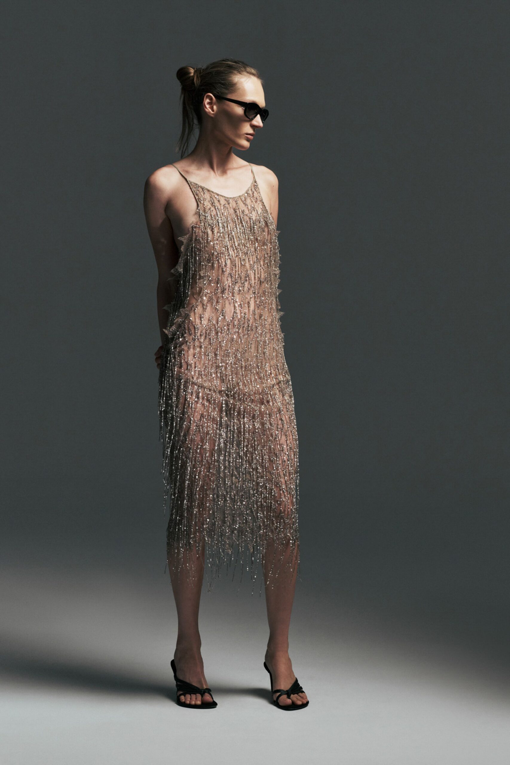 beige fringed midi dress