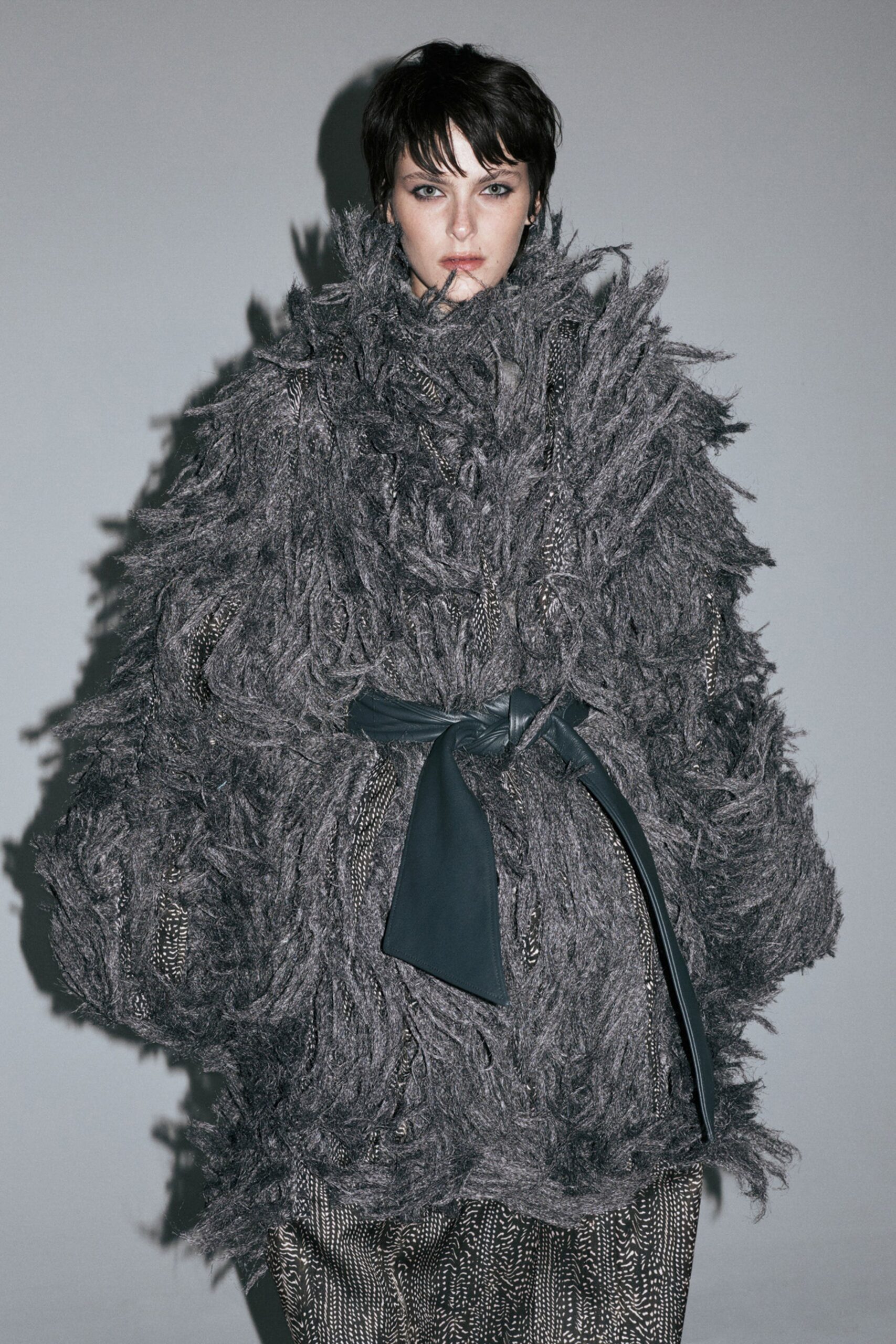 gray oversized fringed coat