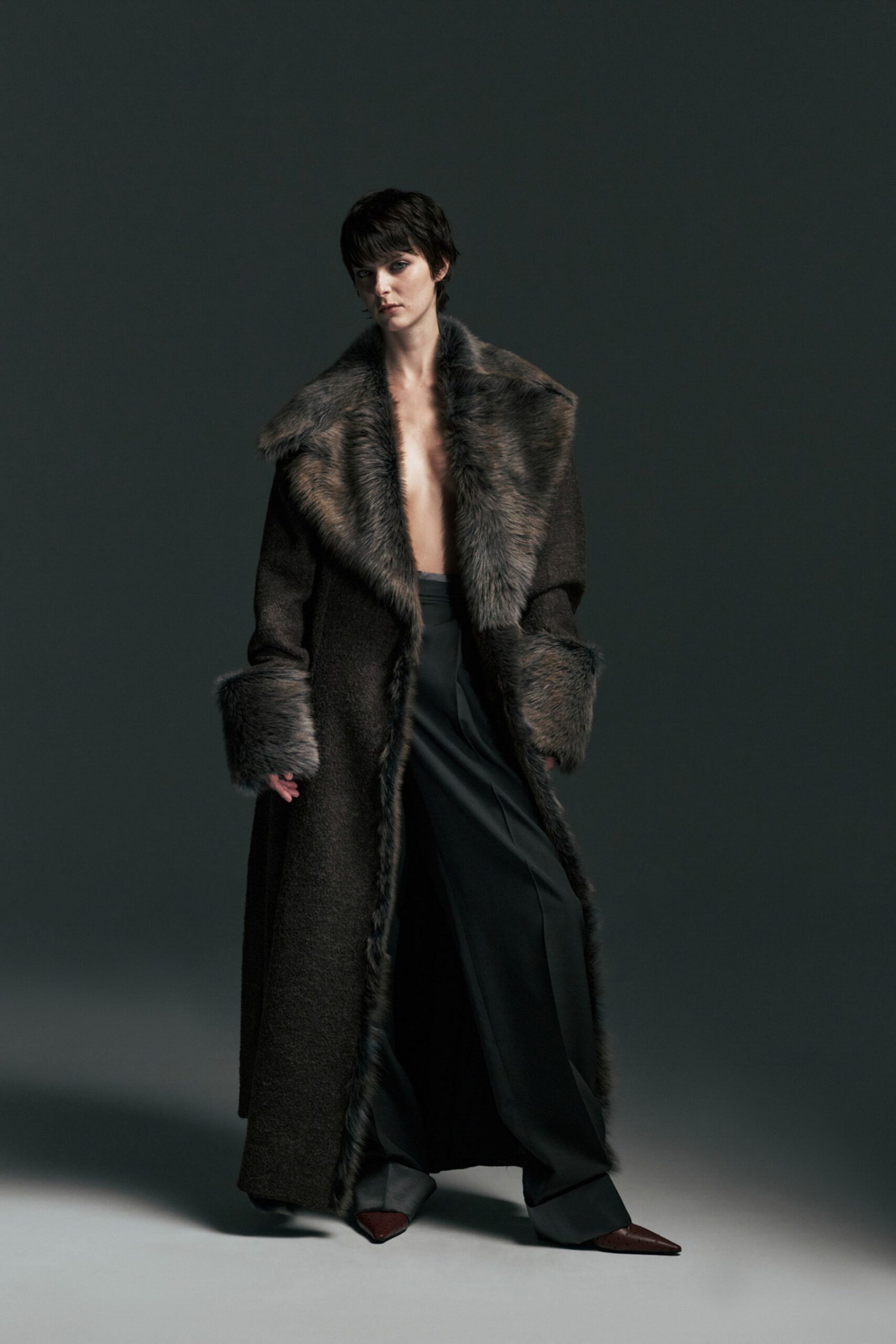 brown wool long-sleeve collared relaxed layered coat