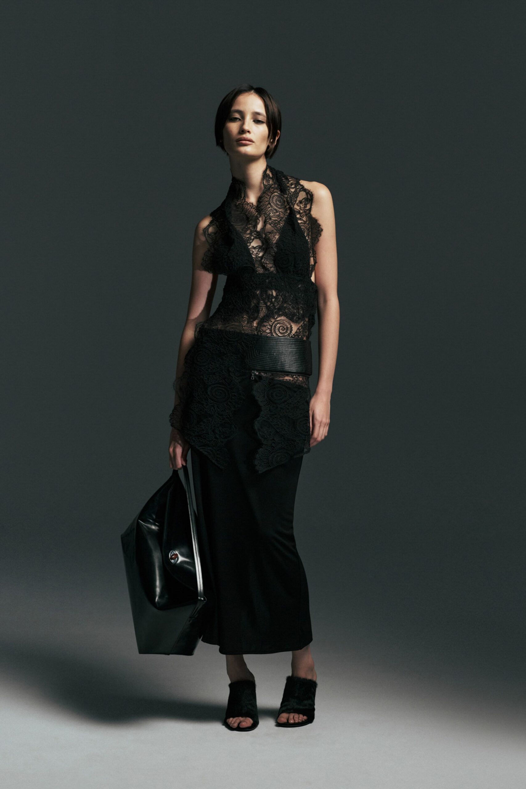 black lace midi dress with bag