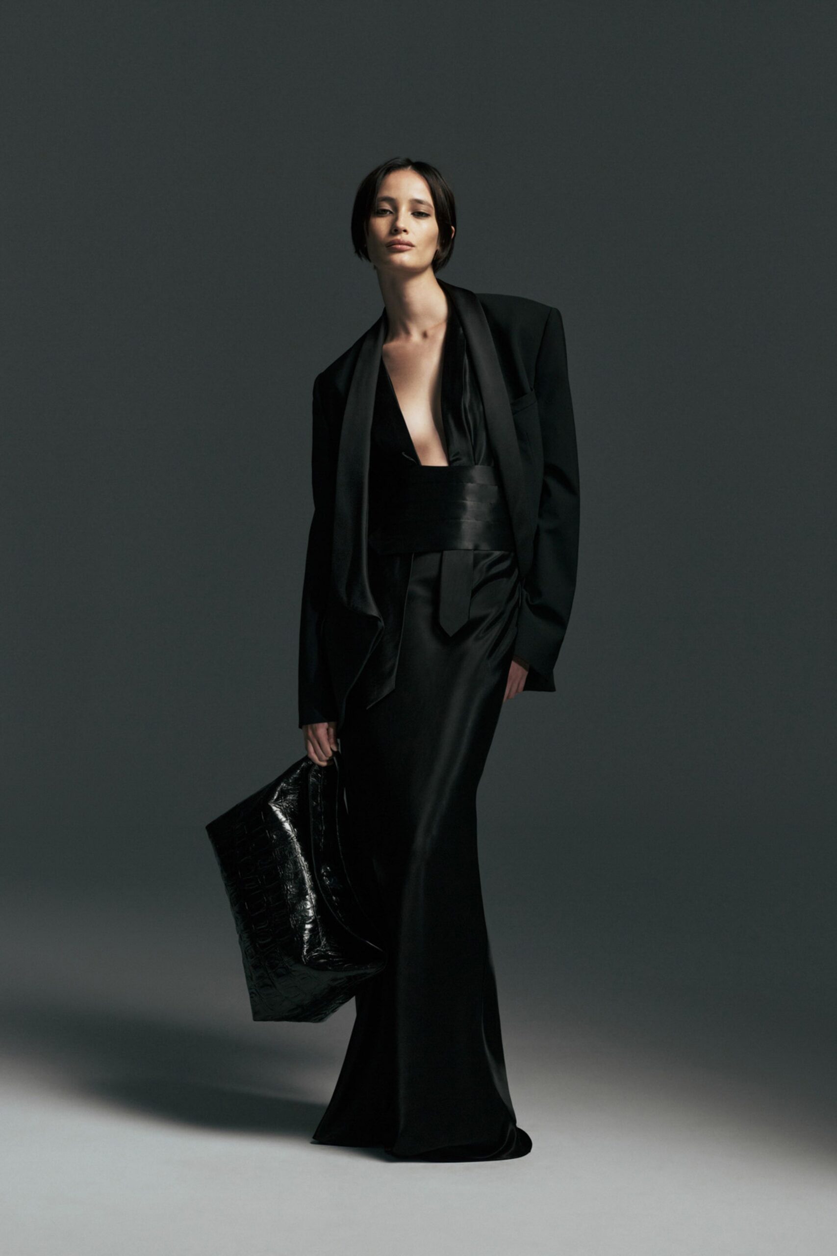 black silk gown with oversized blazer