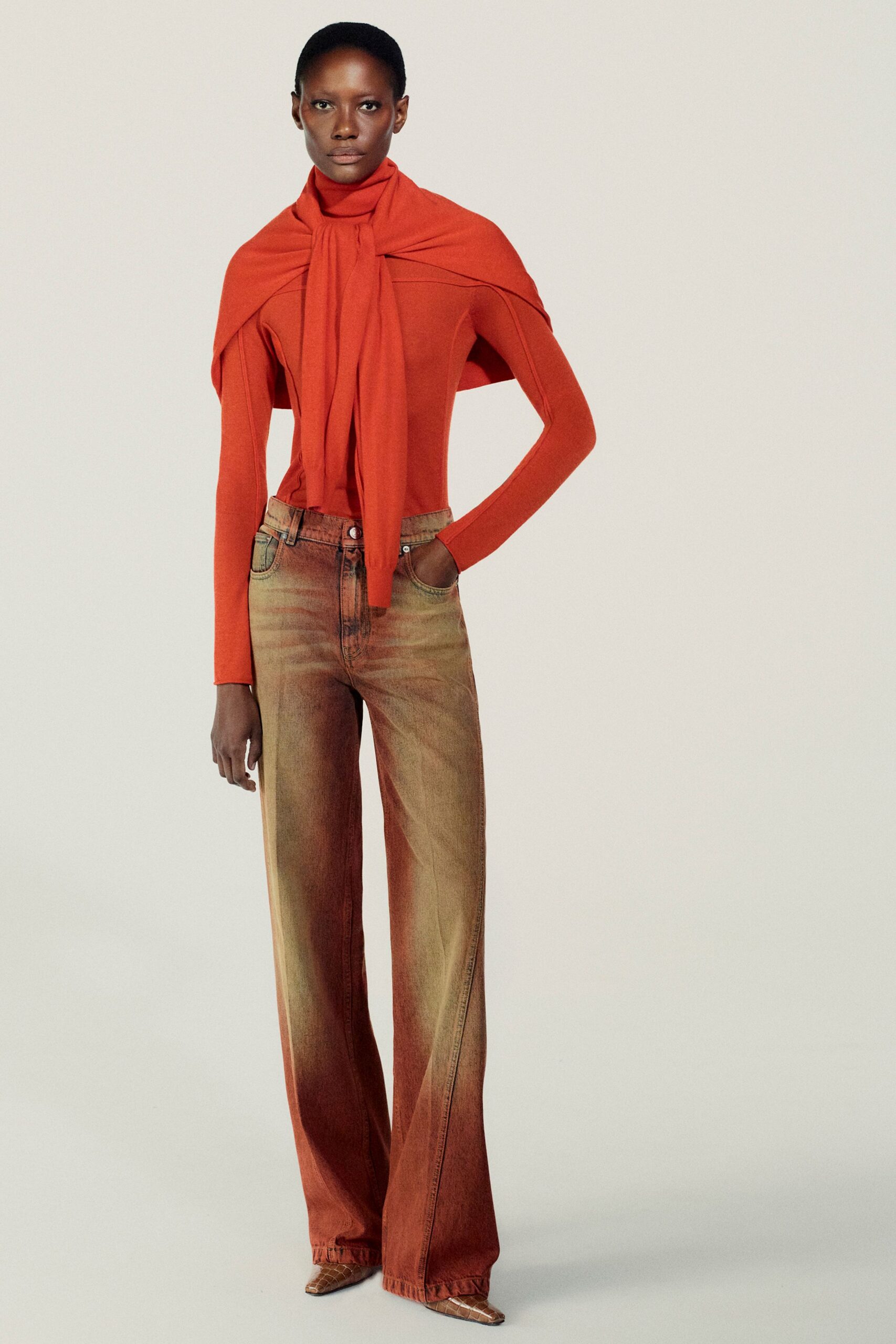 red cotton long-sleeve collared fitted layered top