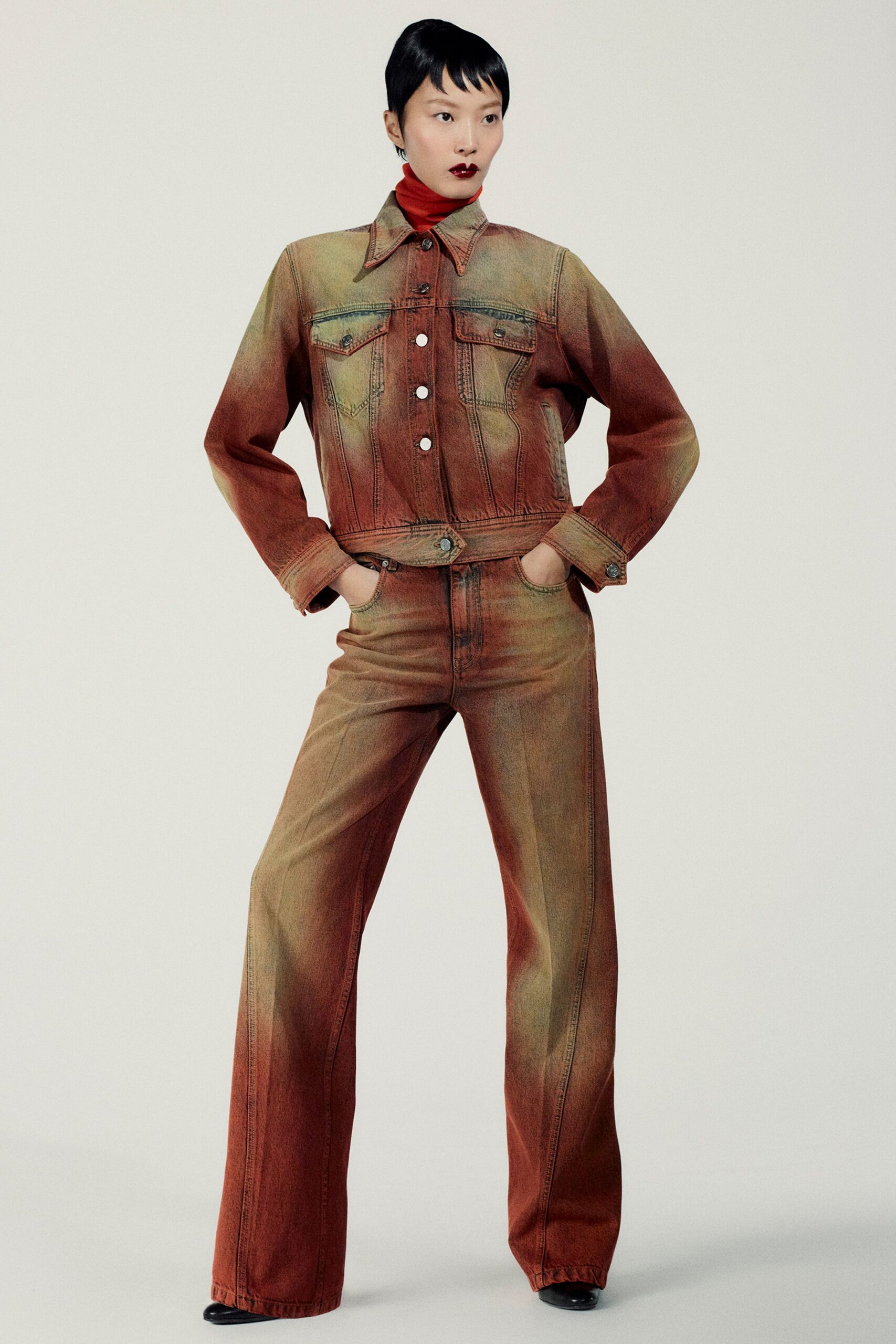 red denim fitted flared pants