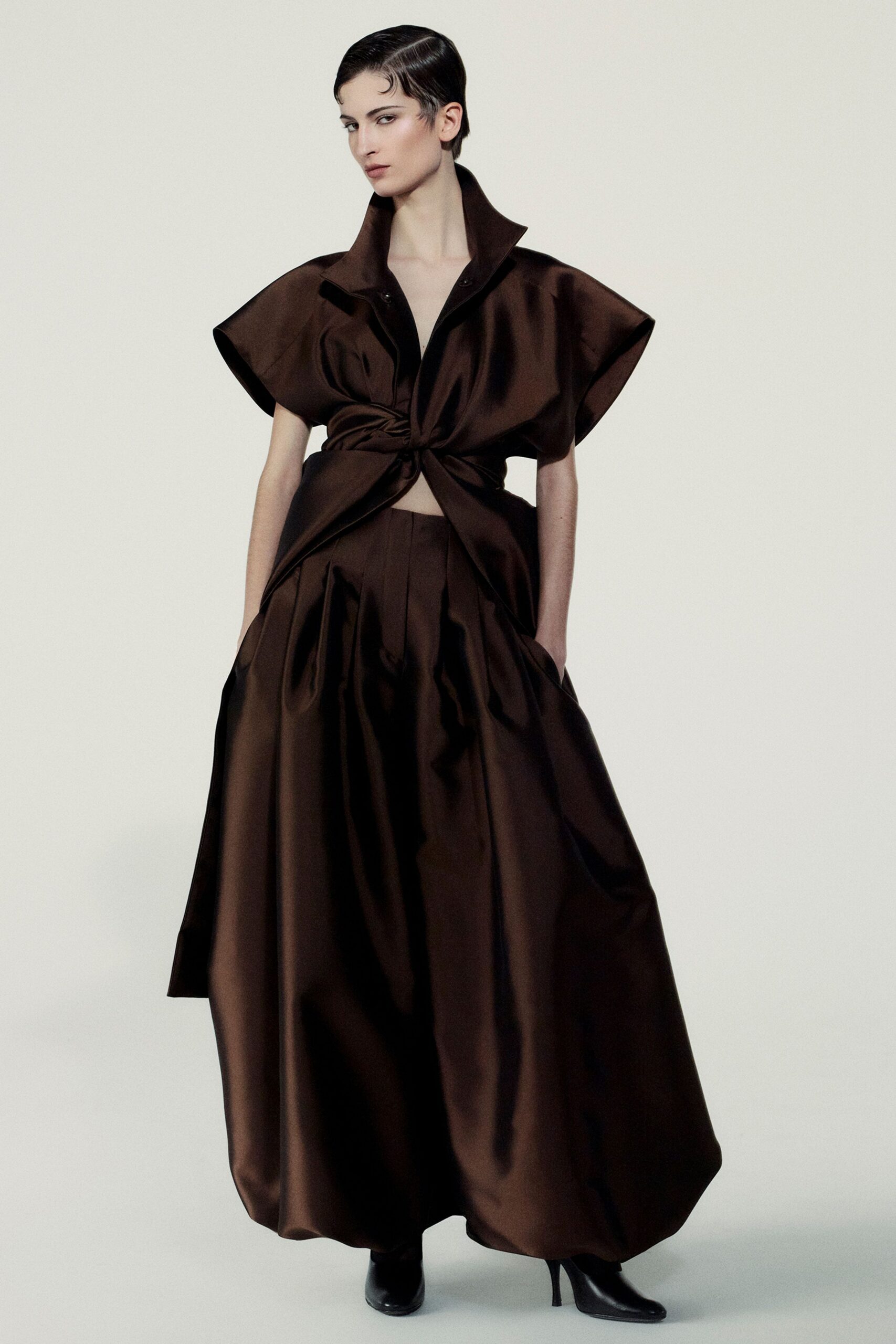 brown silk sleeveless collared fitted pleated layered dress