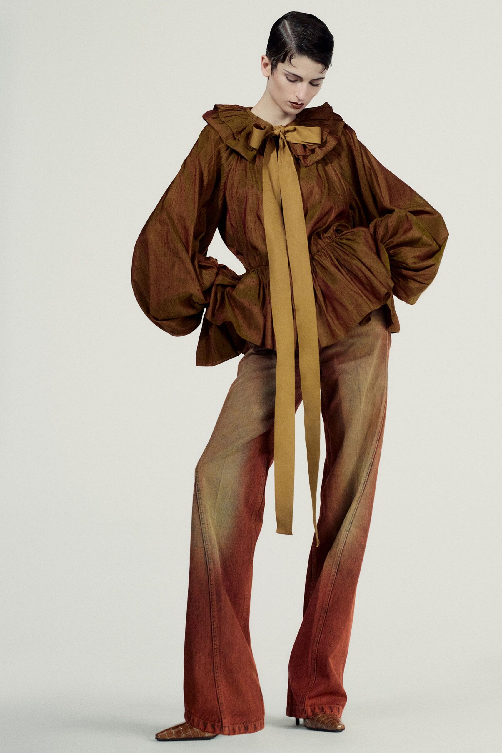 brown cotton long-sleeve collared relaxed ruffled top